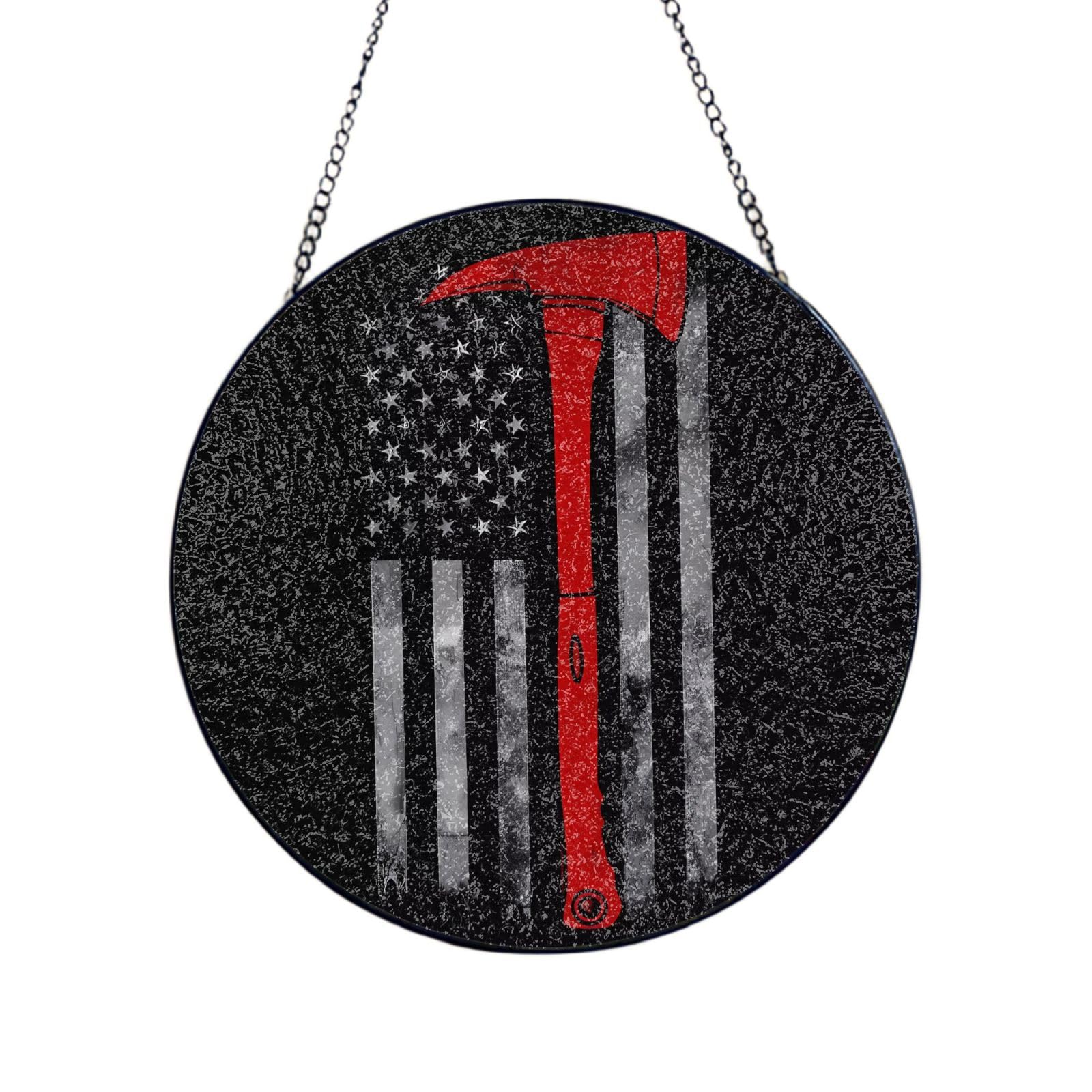 Phayah Firefighter Axe Red Line Flag Print Glass Window Hanging Sun Catchers Suncatcher Decor For Birthday For Home Garden Porch 4in（10cm）
