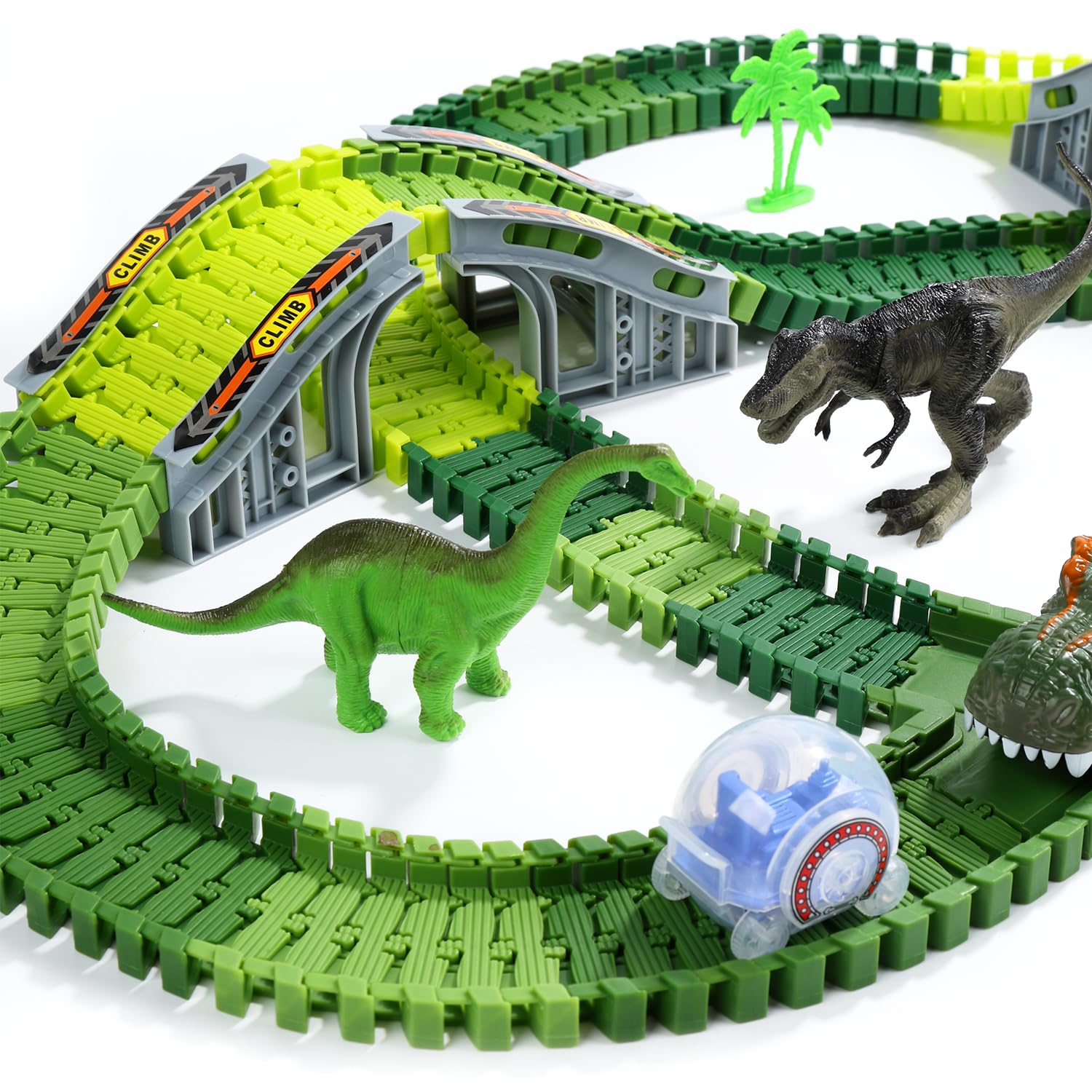 EagleStone Ensemble de piste de course de dinosaures pour enfants – 233 PIÈCES Pistes de course flexibles, 2 voitures de dinosaures électriques avec lumière, 2 figurines de dinosaures, cadeau de Noël