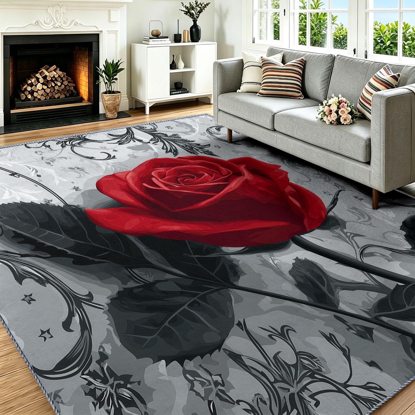 Tapis d'entrée lavable qui ne glisse pas fleurs rose baroque