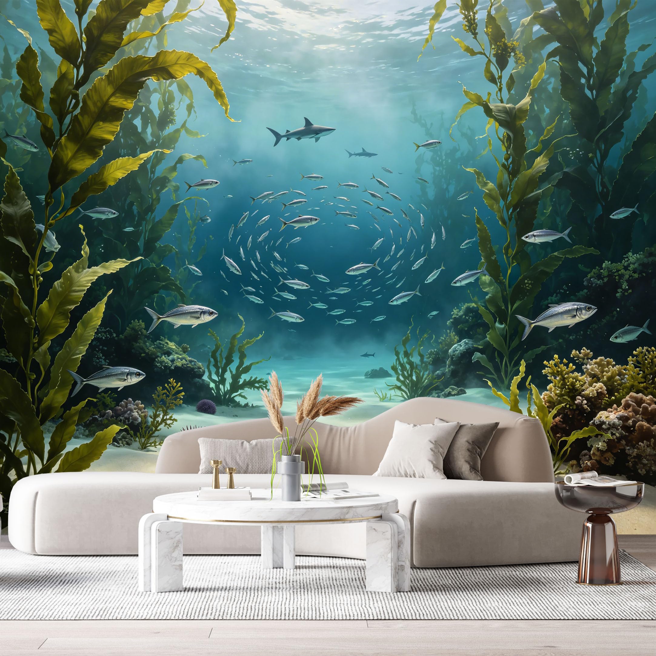 Custom Size Wall Murals Ocean Marine 3D Underwater School of Fish Seaweed Starfish SelfAdhesiveWall Fabric Removable Wallpaper Wall Decor for Living Room Bedroom Bathroom