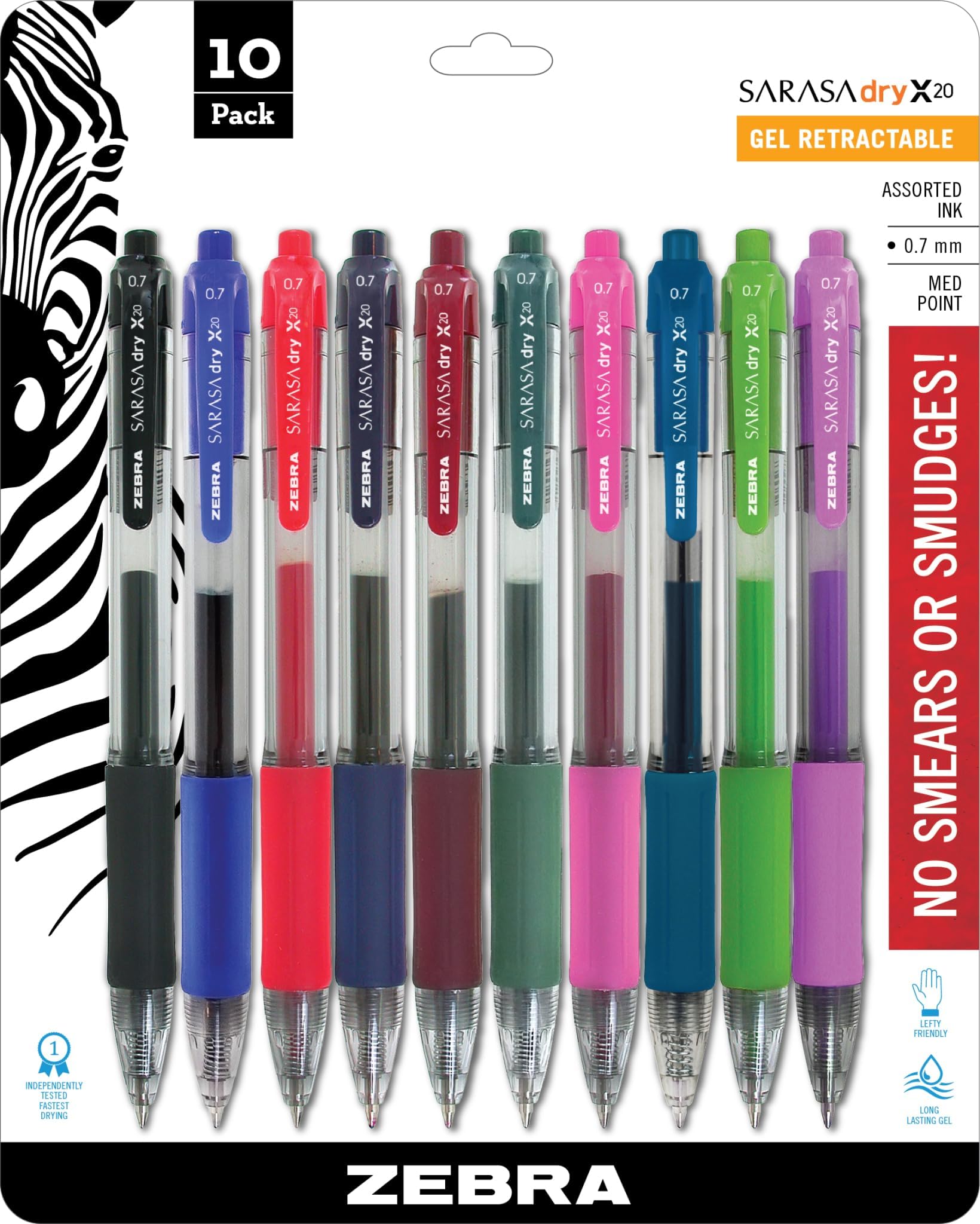 Sarasa Retractable Gel Pen, Medium Point, 0.7mm, Assorted Fashion Color Ink, 10-Pack