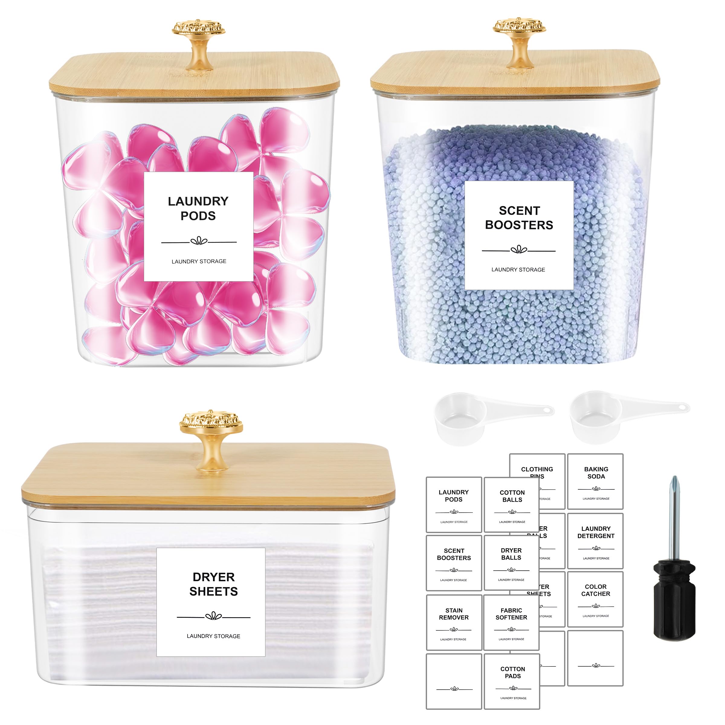 3 Pack Laundry Pods Container & Dryer Sheet Holder - Clear Plastic Laundry Room Organization Storage Containers with Lids, Scoops & Labels for Detergent Pods, Powder, Washing Beads,Scent Boosters