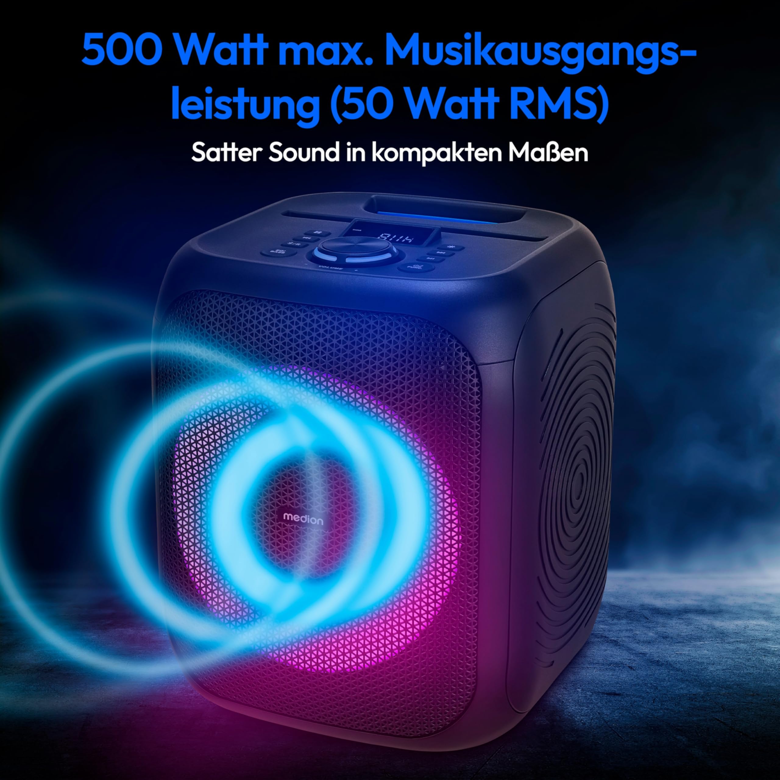 MEDION S61991 Partylautsprecher mit Bluetooth (Partysoundsystem inklusive Mikrofon, Party Box, tragbares Soundsystem, integrierter Akku, für drinnen und draußen, Lichteffekte, TWS)