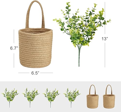 Miniatura 9 de Dahey Cesta de cuerda de algodón empalmada de yute para plantas y paquete de 2 cestas de cuerda para colgar en la pared con eucalipto artificial,