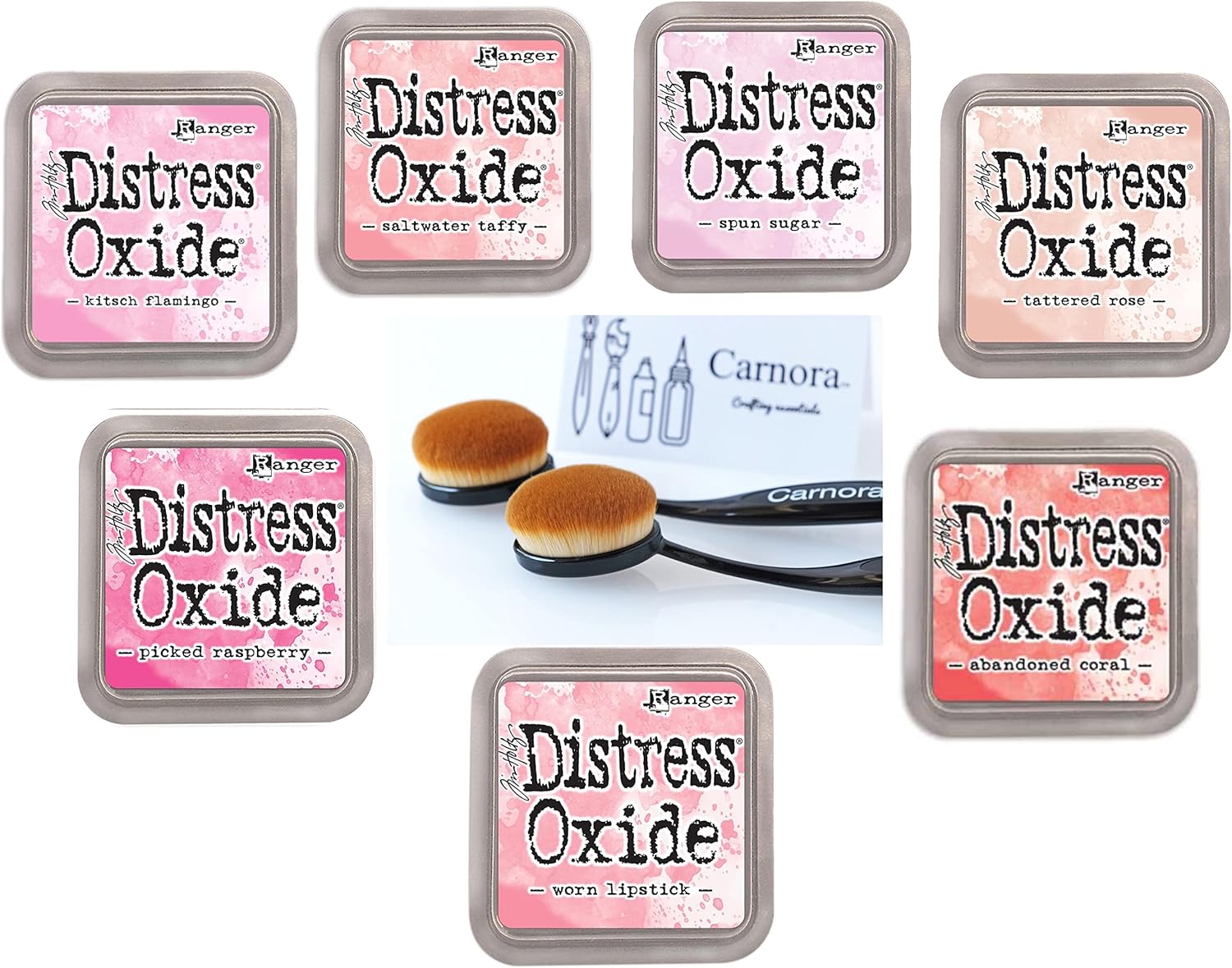 Tim Holtz Perfectly Pink Oxide Ink Bundle of 7 Ink Pads - Saltwater Taffy, Kitsch Flamingo, Picked Raspberry, Abandoned Coral, Spun Sugar, Tattered Rose, Worn Lipstick Plus 2 Carnora Blending Brushes