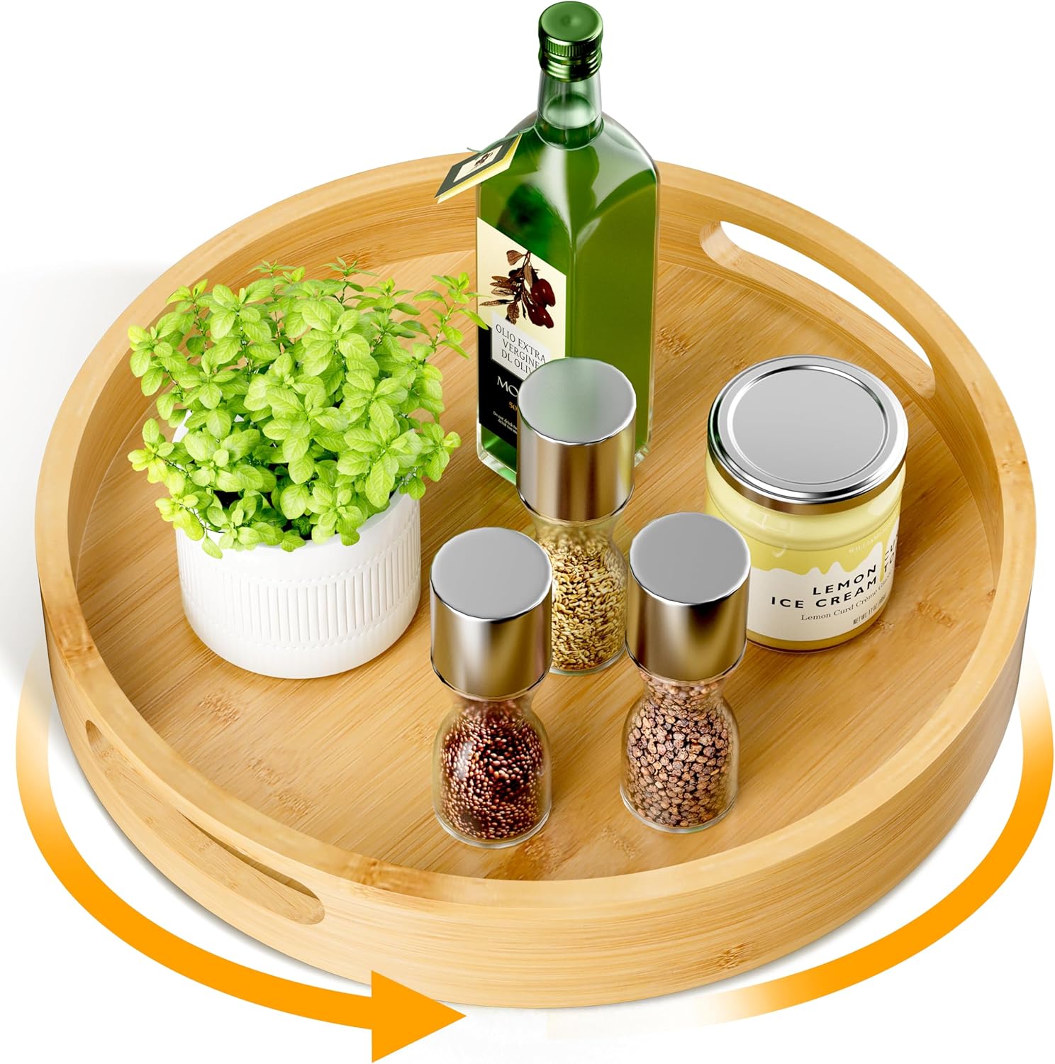 Lazy Susan Organizer Homerays 12 Inch Non-Skid Bamboo Lazy Susan for Kitchen Rotating Spice Rack with Handles, Wood Turntable for Kitchen Cabinet,Countertop (Bamboo, Medium)
