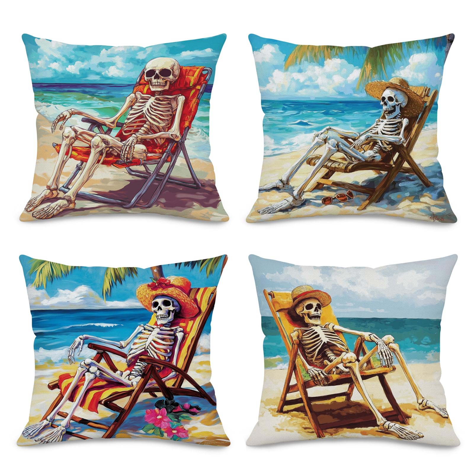 UZFNY Beach Skeleton Linen Throw Pillow Covers 18x18 Inch Set of 4 Funny Spook White Linen Decorative Pillowcases