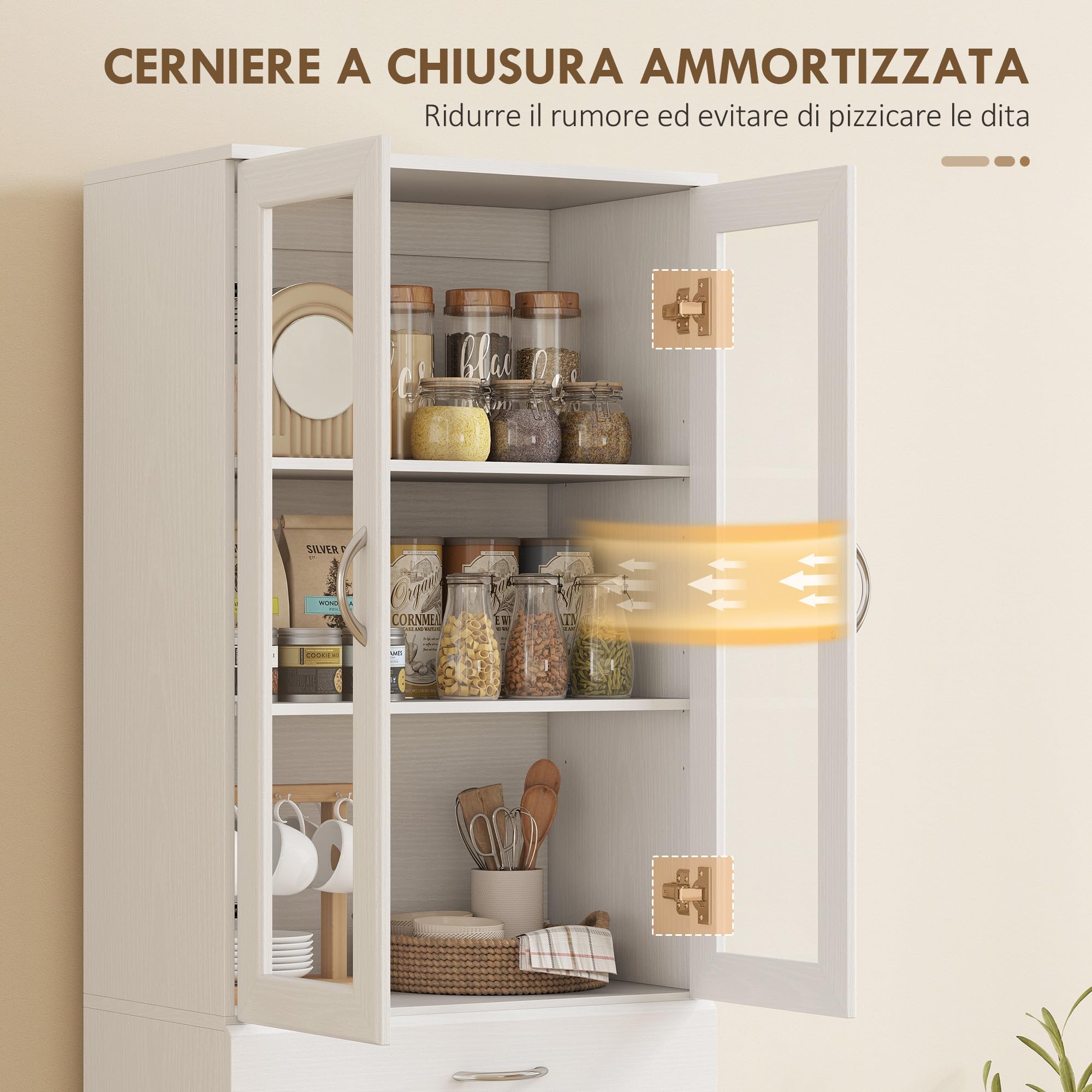 HOMCOM Credenza Cucina Alta 180cm, Mobile Dispensa con Ante in Vetro Soft-Close, Cassetto, 2 Armadietti, Ripiani Regolabili, Mobile Cucina Moderno per Sala da Pranzo Soggiorno, Bianco