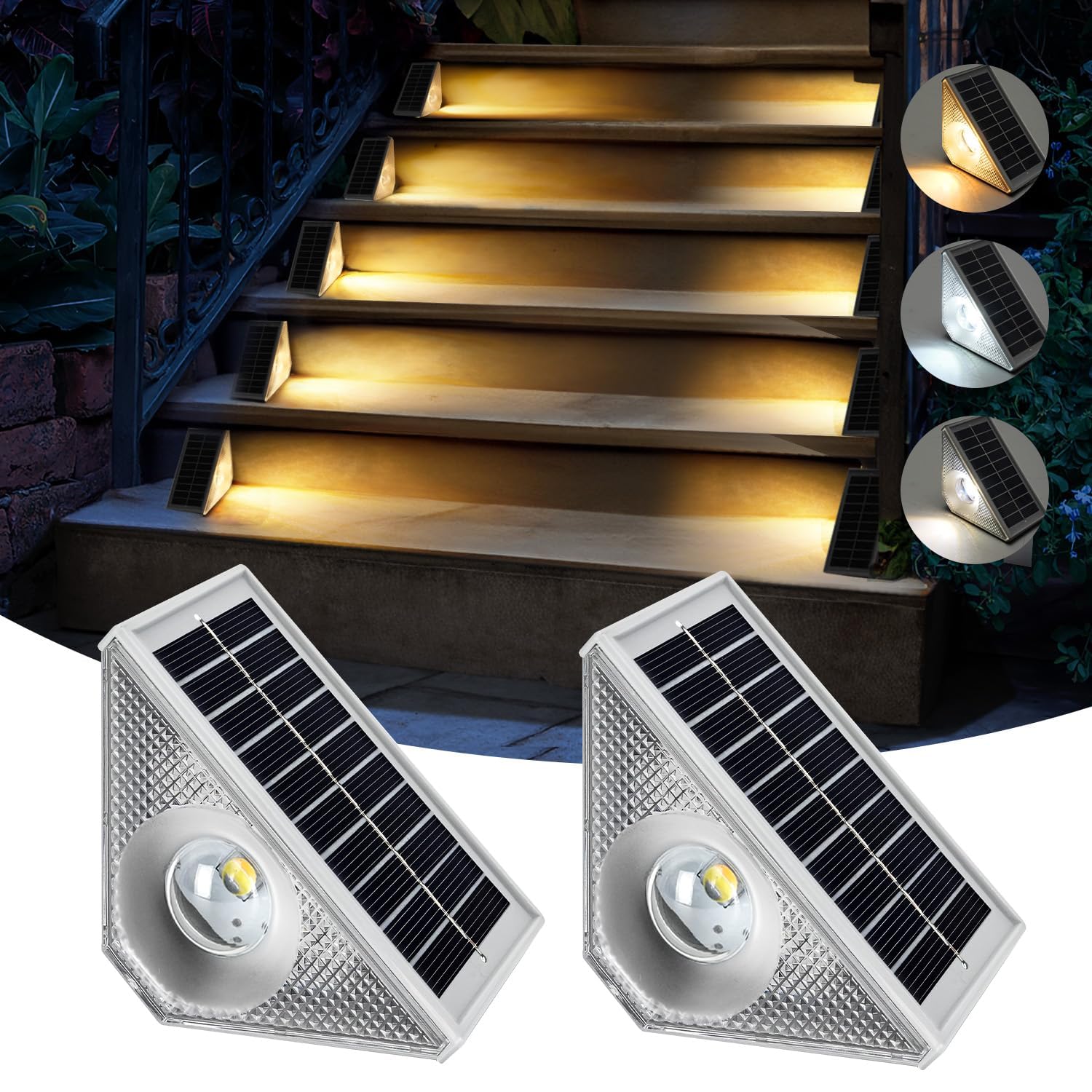 Solar Stair Lights Outdoor Waterproof, 3 in 1 Solar Step Lights for Outside, Dusk to Dawn Step Lights Solar Powered, Solar Lights Outdoor Decor for Stair Step Deck (2)