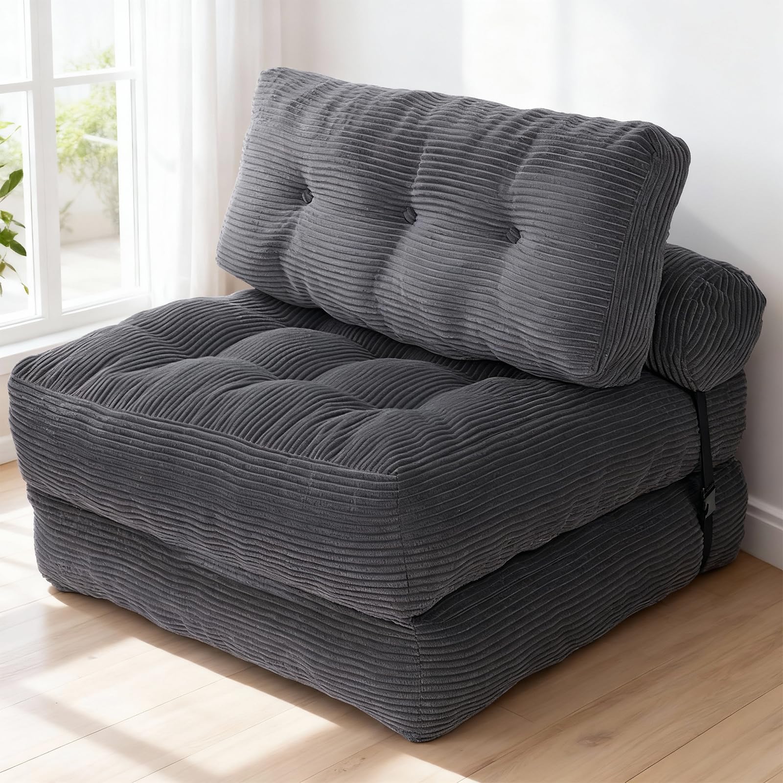 Sofá Cama Plegable con Respaldo Reclinable, Sillón Convertible en Cama 2 en 1 Portátil para Espacios Pequeños, Tela de Pana con Relleno de Espuma, 190 x 85 cm Desplegado (Gris)