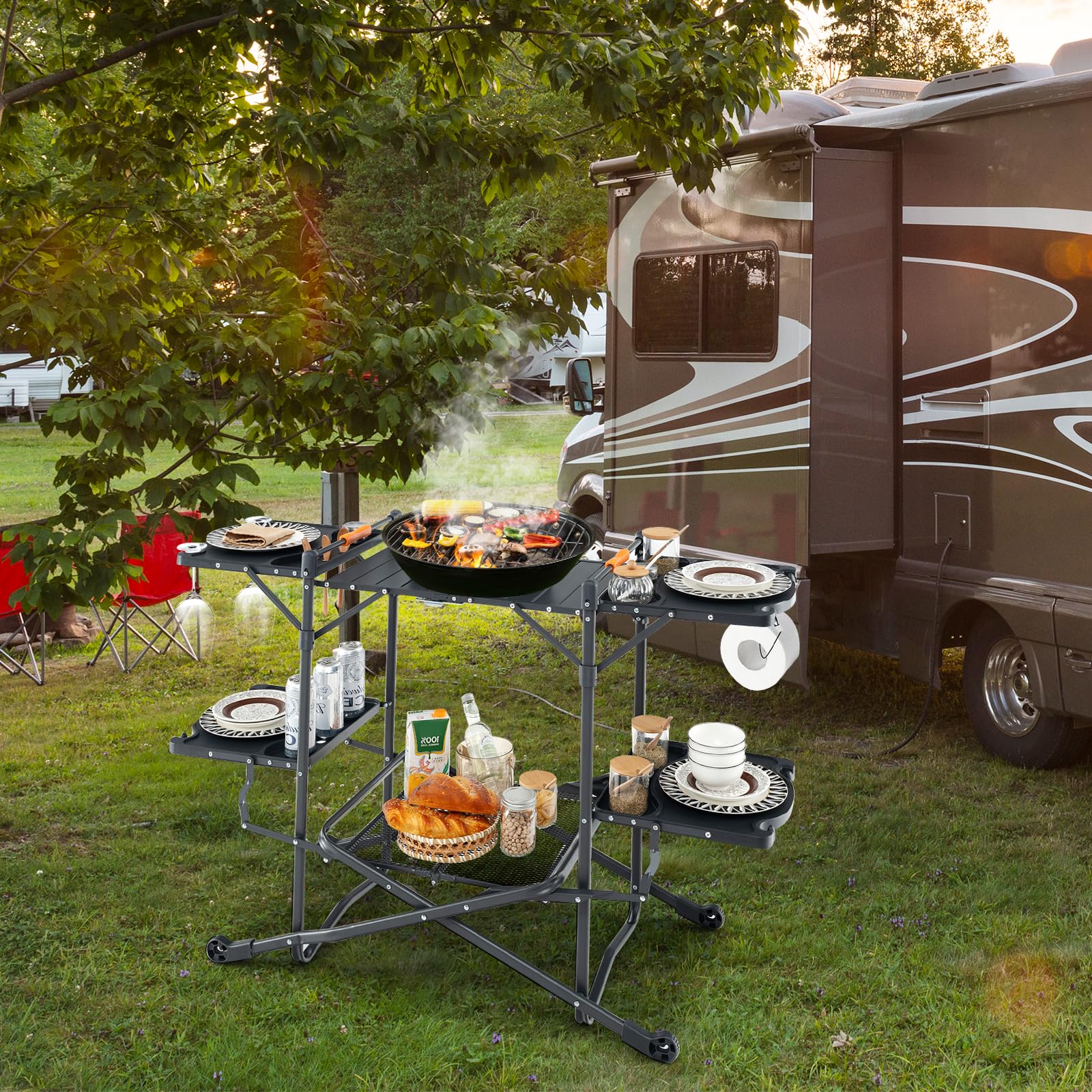 COSTWAY Campingküche klappbar, Reiseküche mit Aluminium-Tischplatte, 4 Seitentischen, Ablage & Tragetasche, Camping Küche, Outdoor-Kochstation für Picknick, Grillen, Camping und Reisen