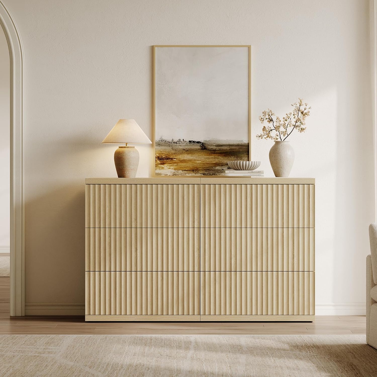 SICOTAS Modern Sideboard Buffet Cabinet, Fluted Credenza Storage Cabinet with 3 Larger Drawers, Mid Century Media Console Coffee Bar Table for Dining Room Hallway Kitchen, Coastal Oak