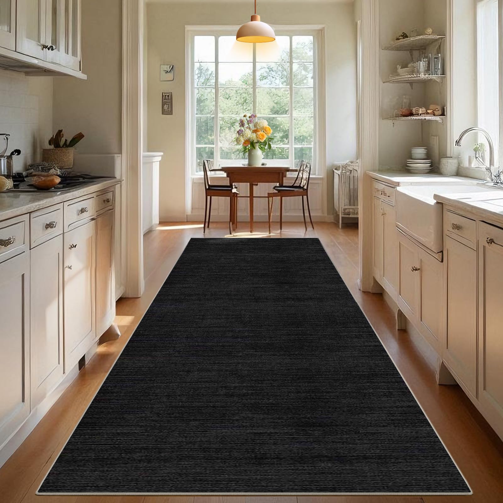 TEHWDAIYOU Long Hallway Runner Rug Non Slip Washable Kitchen Rug Hall Runner Corridor Rugs Floor Mat Narrow Heavy Duty Carpet Runner for Entryway Hallways Kitchen Laundry Room, Black, 50 x 140 cm