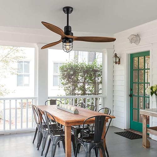 Miniatura 6 de WWM Ventiladores de techo para exteriores de 52 pulgadas con luz y control remoto, 3 aspas de madera, incluye bombillas, ventilador de techo de