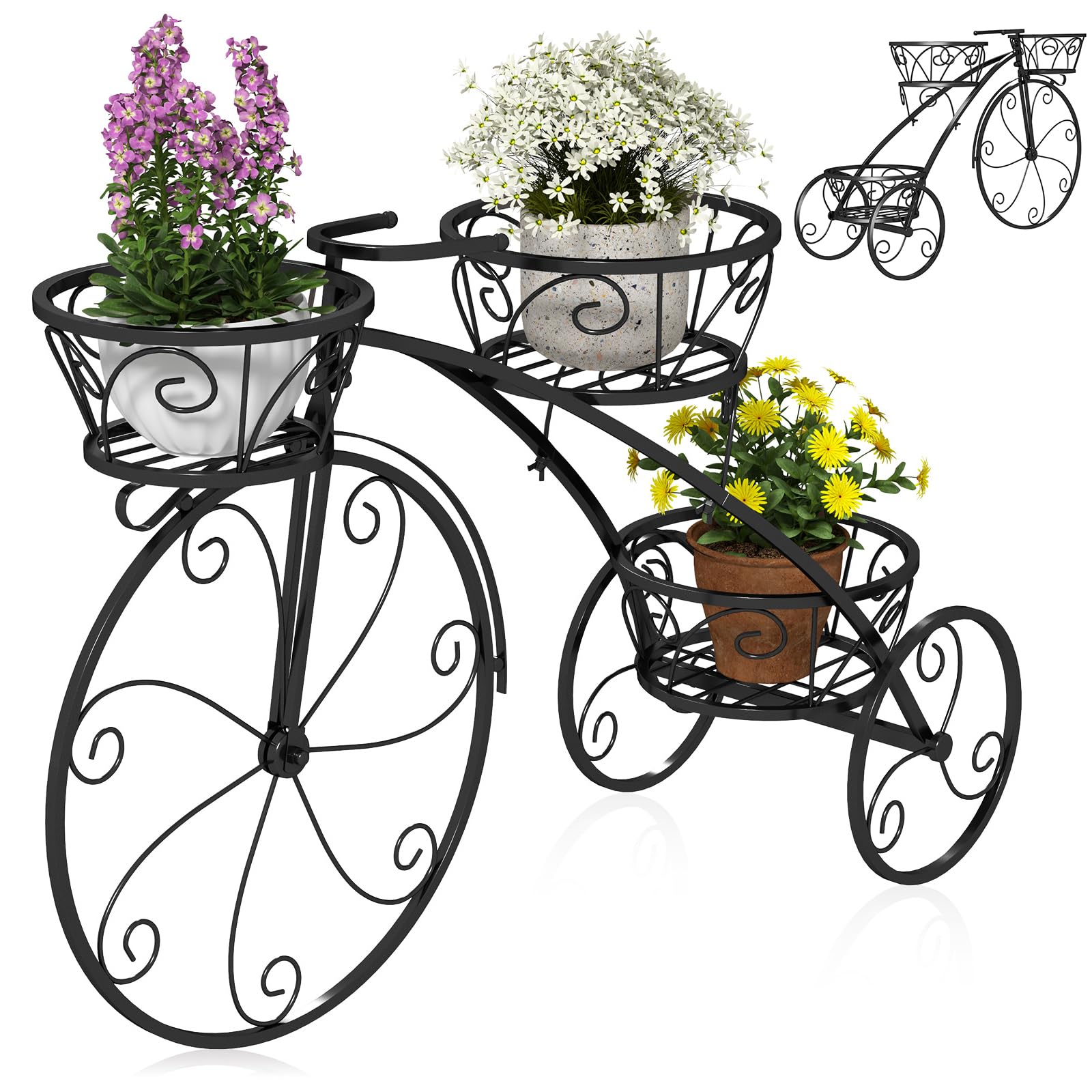 RELAX4LIFE Supporto per Piante a 3 Piani, Carrello per Vasi a Forma di Triciclo, Supporto per Piante con Telaio in Metallo Robusto da Giardino per Interni ed Esterni, 80 x 25 x 52 cm (Nero)