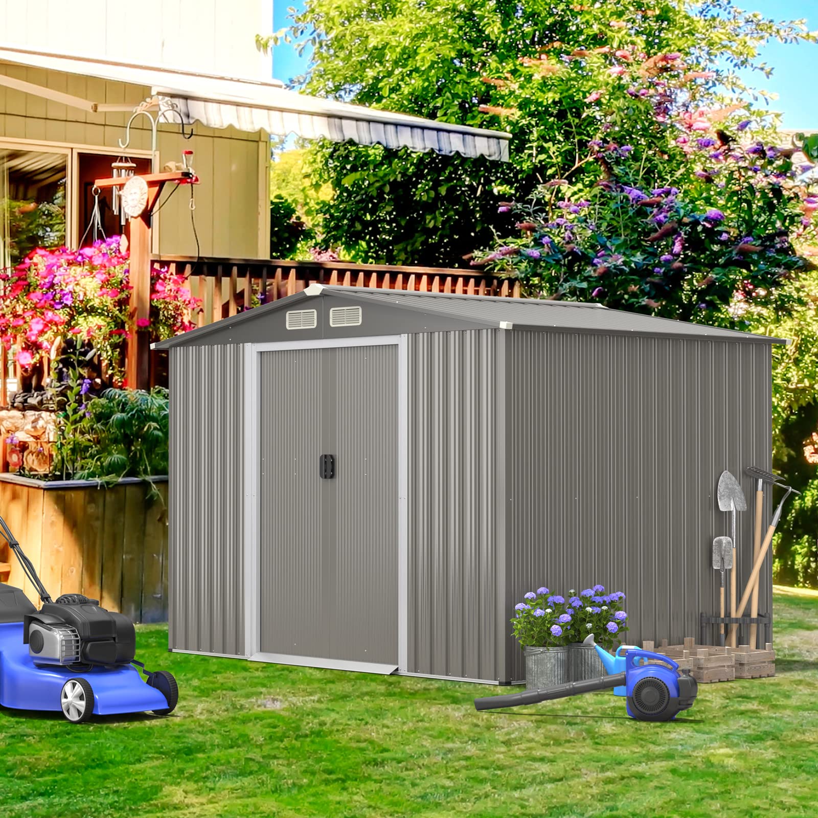 COSTWAY Cobertizo de Jardín de Almacenamiento Exterior Resistente 260x207x180 cm, Organizador de Herramientas con Cimientos, Cobertizo de Acero Galvanizado para Herramientas de Jardín (Gris Oscuro)