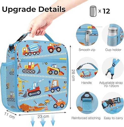 Miniatura 6 de Clastyle Bolsa de almuerzo para niños con aislamiento para automóvil, bolsa térmica grande para niños, picnic, escuela, lonchera de construcción,