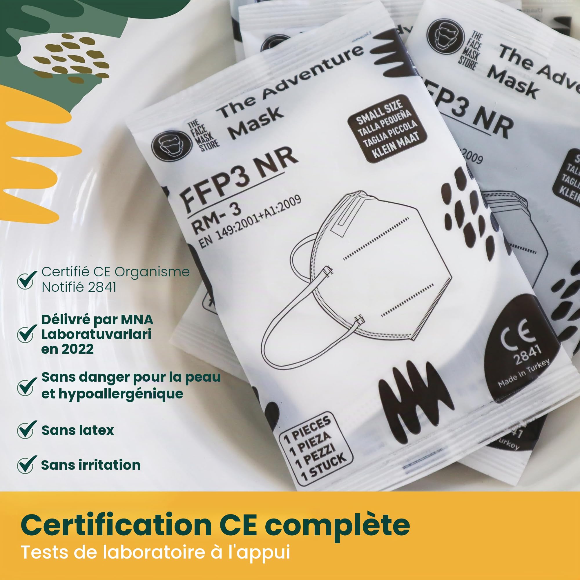 Masque FFP3 Blanc Petite Taille 10 pcs, certifiés CE 2841, Super Respirant, 5 Couches sans Valve