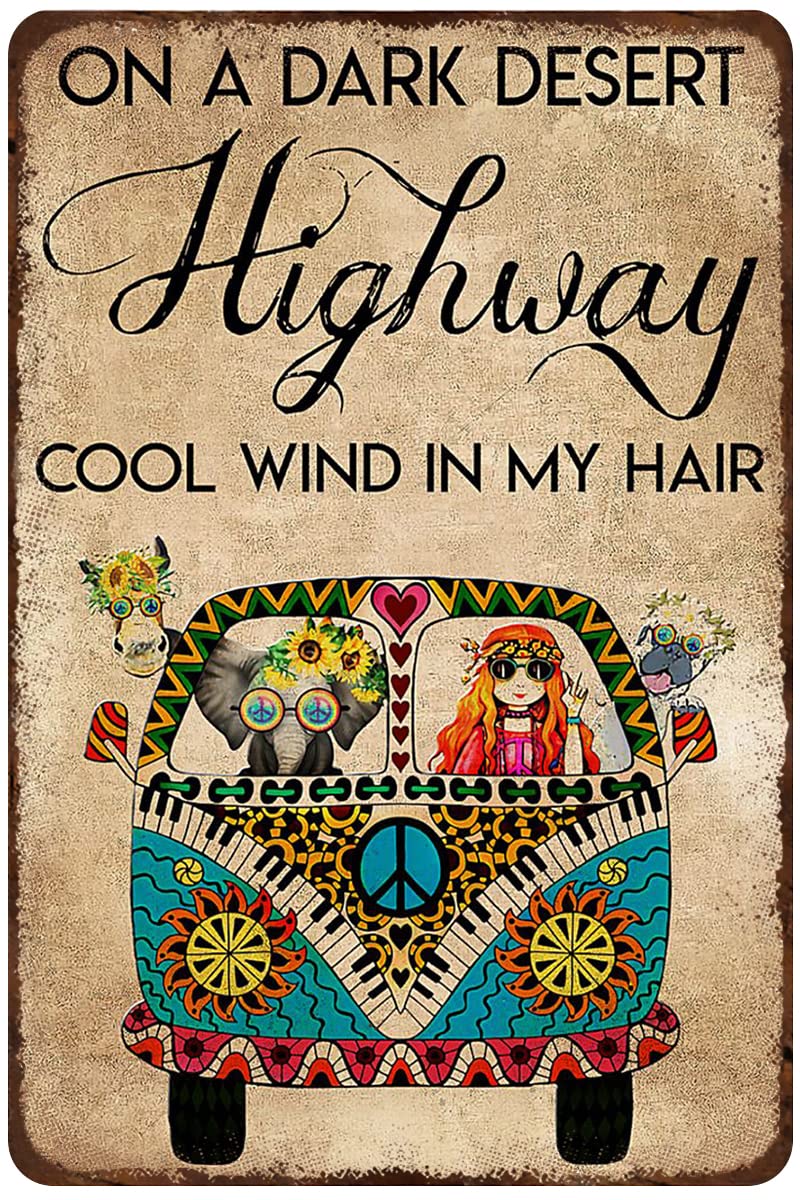 Metal Tin Sign Hippie Girl Elephant Truck On A Dark Desert Highway Cool Wind in My Hair Metal Sign Vintage Bar Home Bathroom Wall Decoration Sign Funny Sign 12x8 Inch