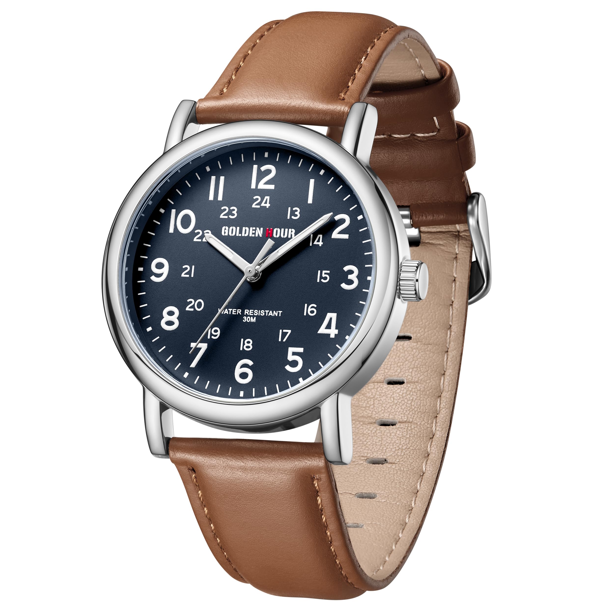 GOLDEN HOUR Men’s Analog Easy Read 38mm Watch with Brwon Leather Band Blue Dial
