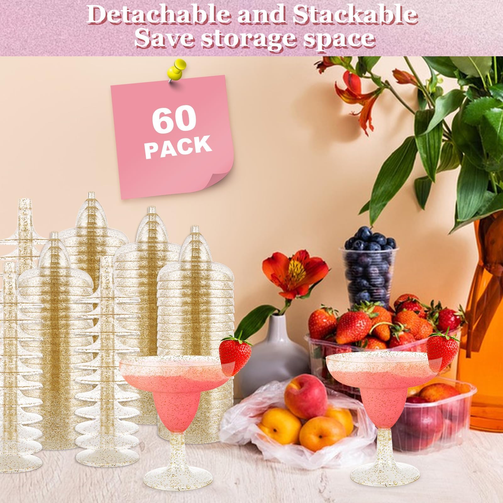 WOPPLXY 60 bicchieri da margarita in plastica, 141,7 g, bicchieri da cocktail in plastica con glitter dorati, bicchieri da Martini in plastica, bicchieri per margarita per matrimoni, addio al