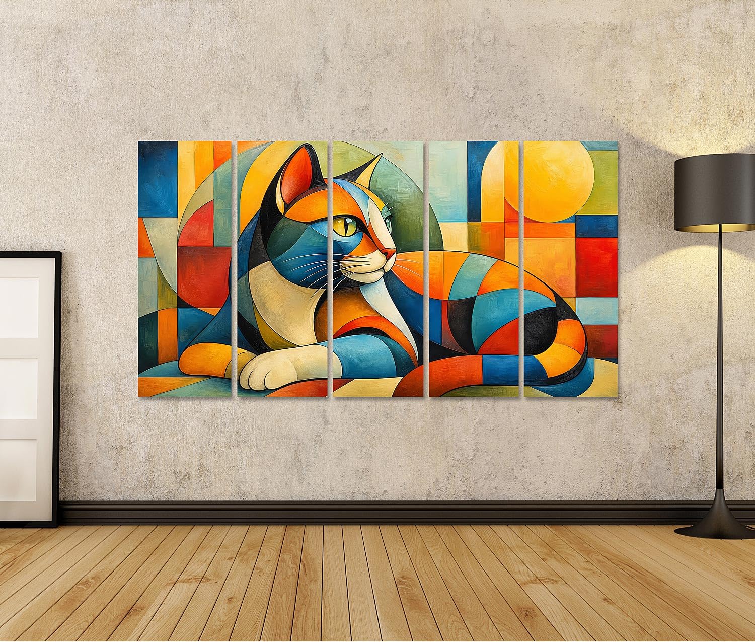islandburner Bild auf Leinwand Lebendige Katze Kunstdruck Wohnzimmer Deko für Kunstliebhaber - 5-teilig XXL