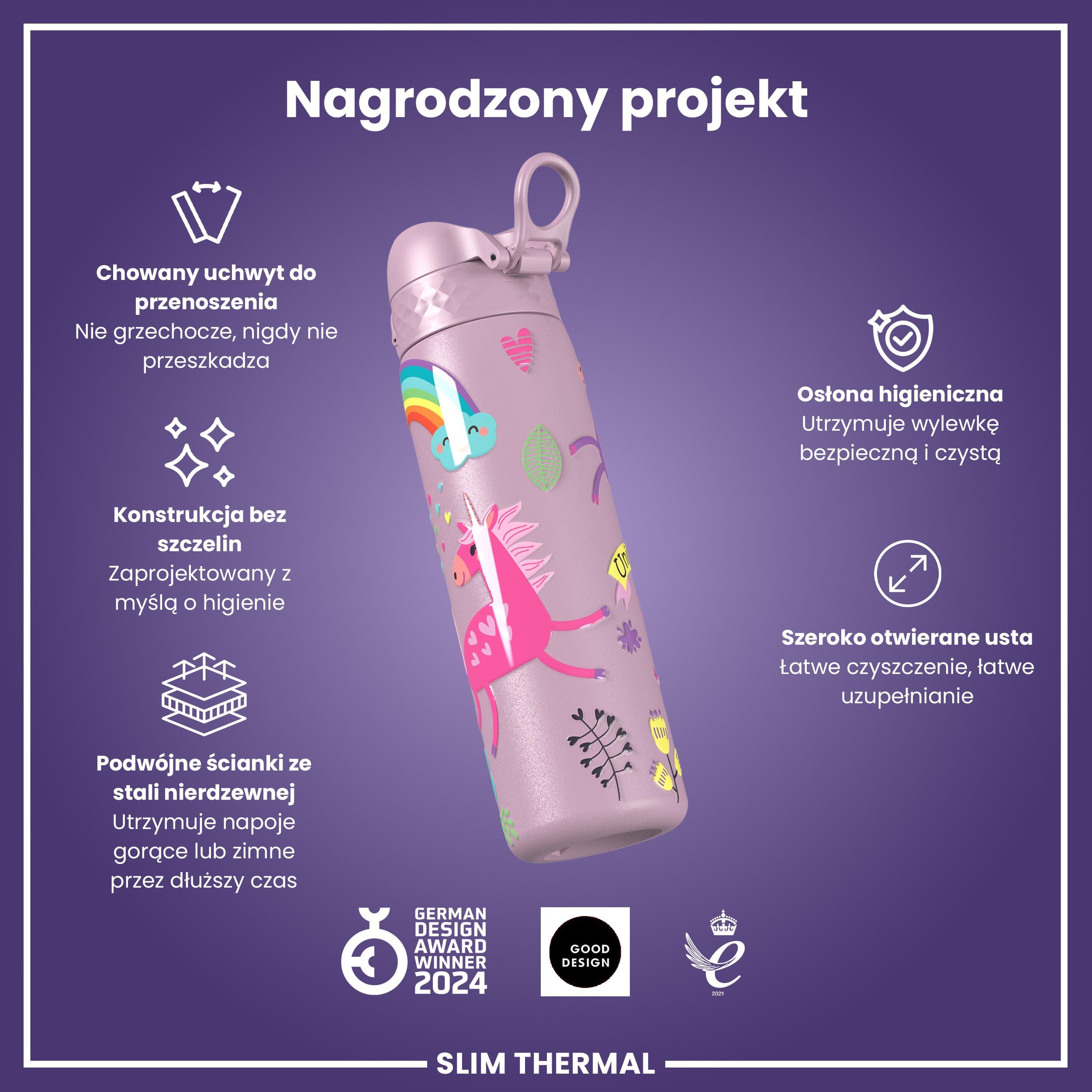 ION8 Termoizolowana Butelka na Wodę, Stali Nierdzewnej, 500 ml/18 oz, Szczelna, Łatwa w Otwieraniu, Bezpieczny Zamek, Można Myć w Zmywarce, Uchwyt do Przenoszenia, Metalowa Butelka, Liliowe Jednorożce