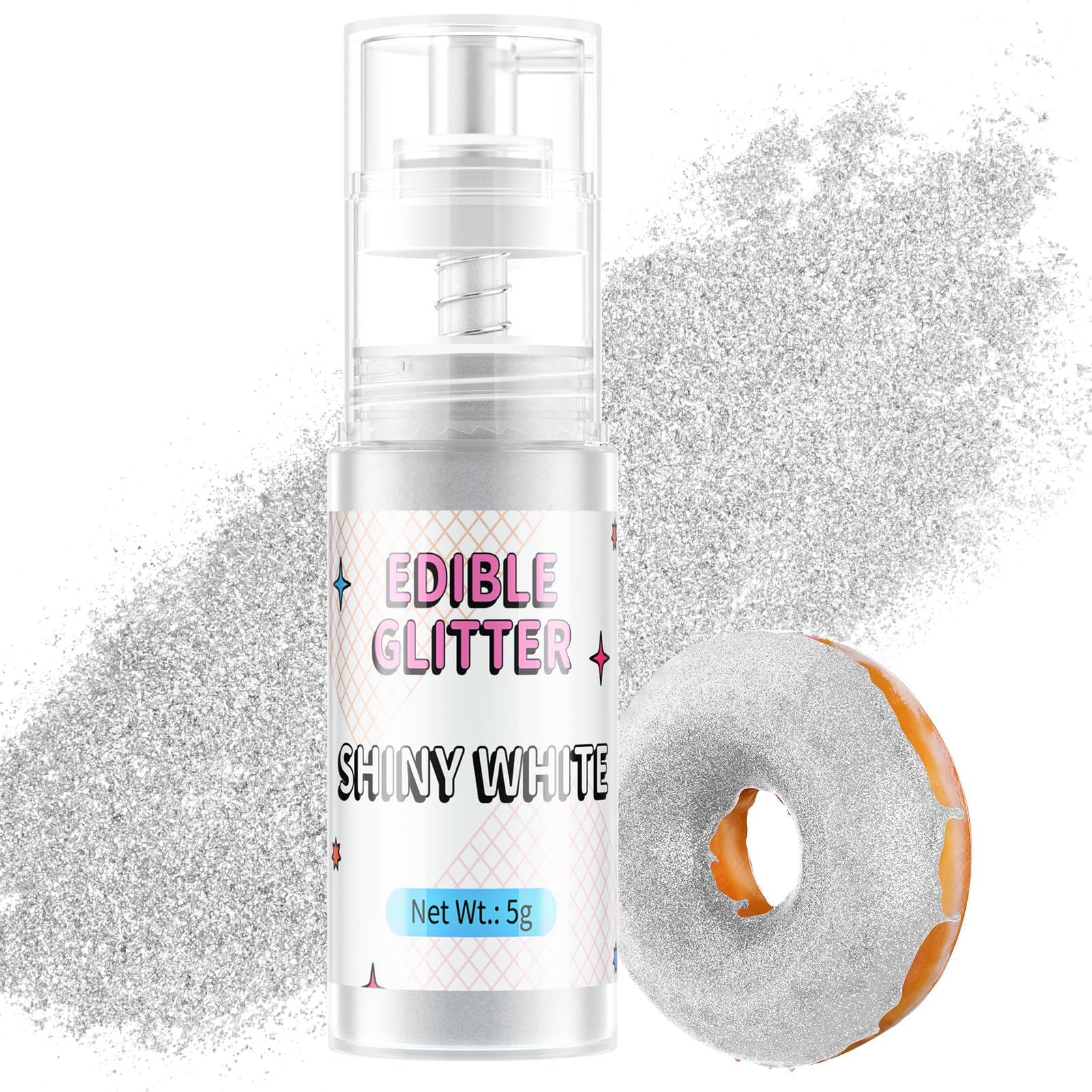 Waysroma Essbarer Glitzer Spray 5g Goldpuder Essbar für Backen Lebensmittel Glitzer für Getränke, Erdbeeren, Cupcakes, Osterkuchen, Fondant, Cocktails, Schokolade (Weiß)