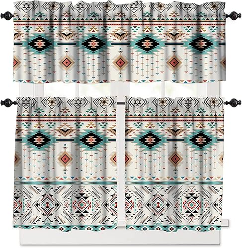 Juego de cortinas aztecas para cocina, cenefas tribales nativas del suroeste para ventana de cocina, cortinas cortas con estampado geométrico