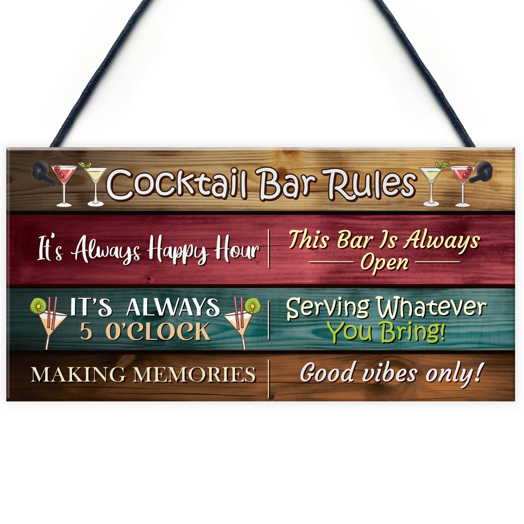 Red Ocean Cocktail Bar Rules Novelty Sign For Home Bar - Hanging Garden Cocktail Bar Accessories - Funny Cocktail Signs - Gin Vodka Beer Martini Sign Gifts For Women