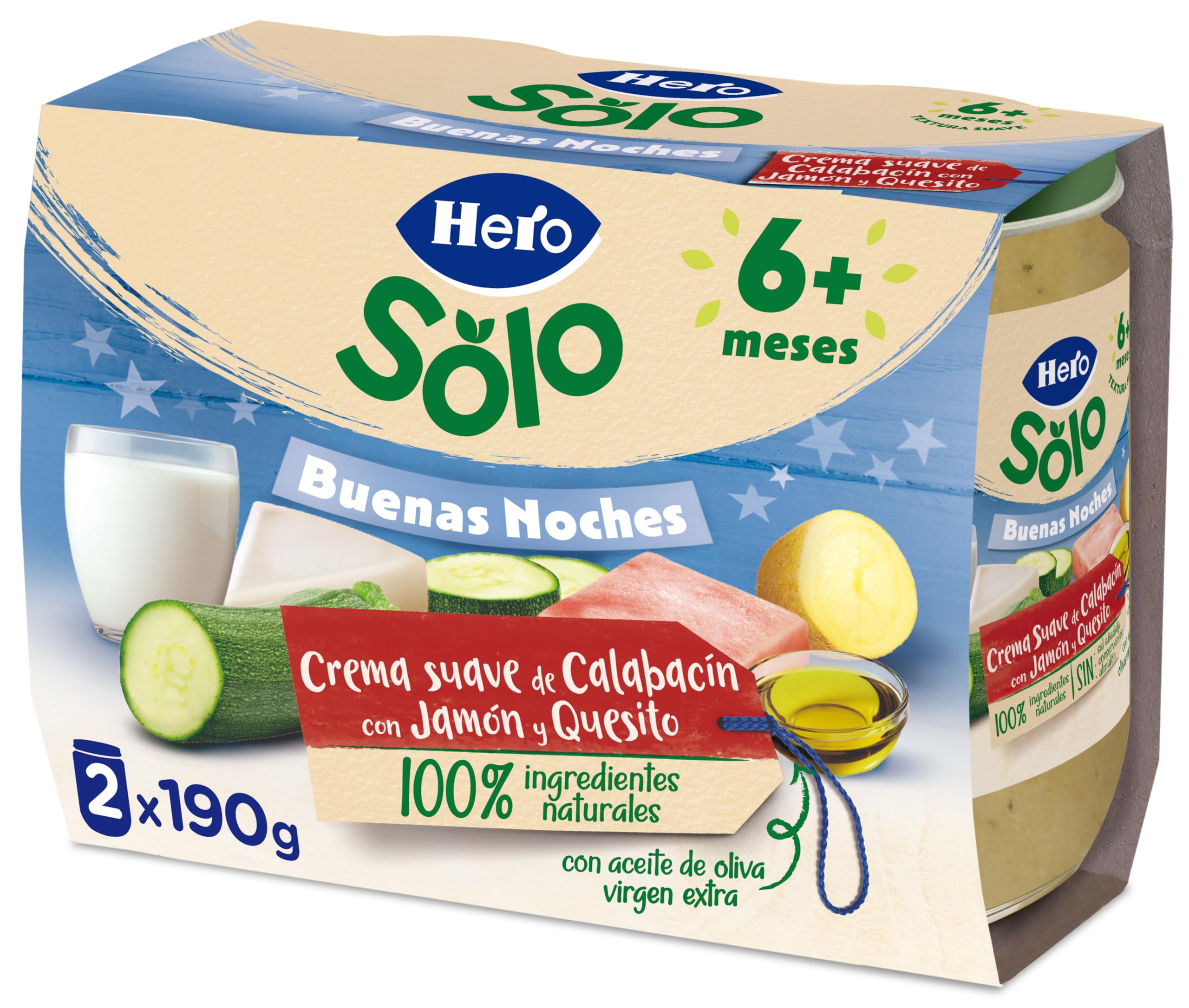Hero Baby Buenas Noches Tarritos de Crema de Calabacín, Jamón y Quesito, 2 x 190g