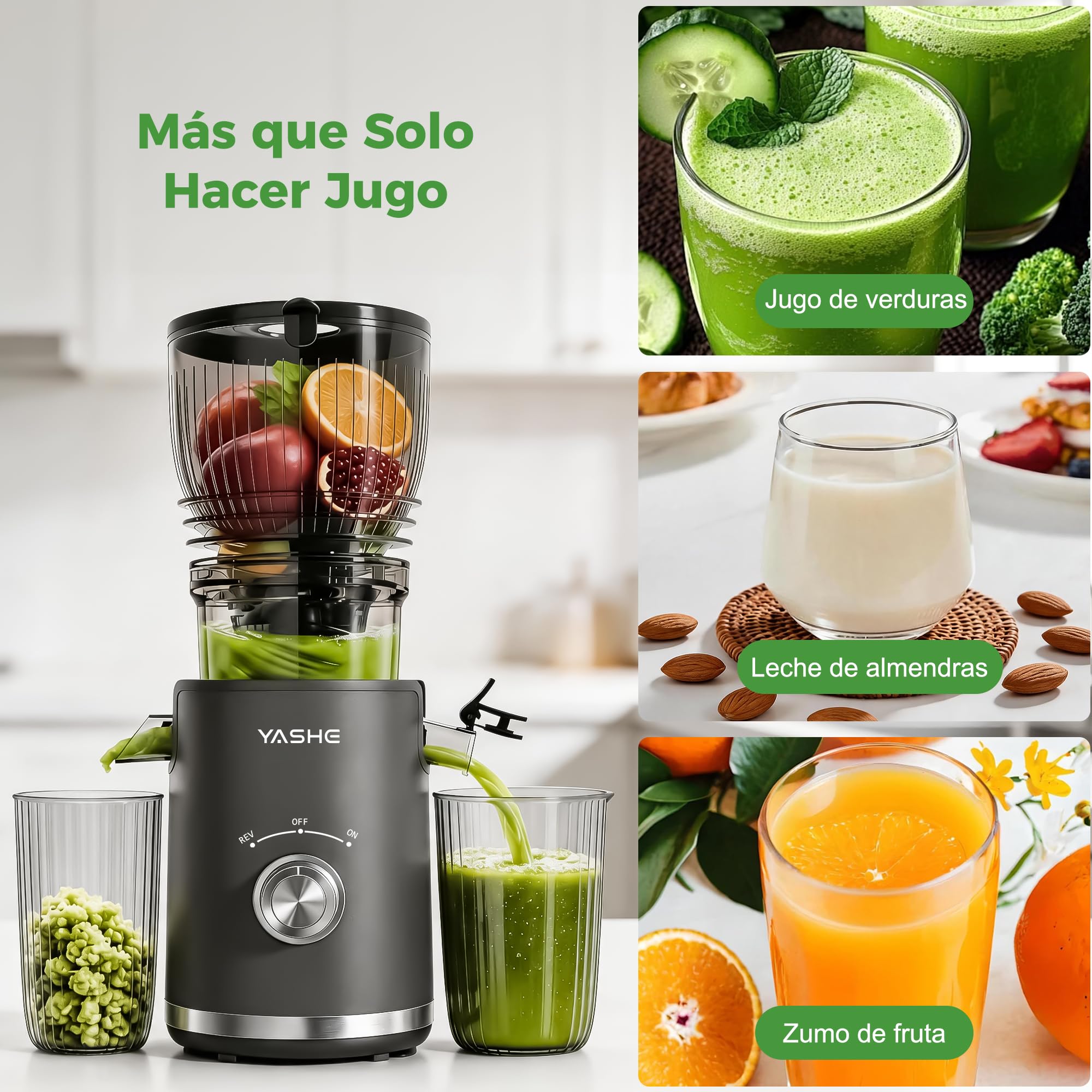 YASHE Extractor de Zumos Lento 300W, Boca 148 mm para Frutas y Verduras Enteras, con Función Marcha Atrás, Motor Silencioso, Sin BPA, Fácil Limpieza