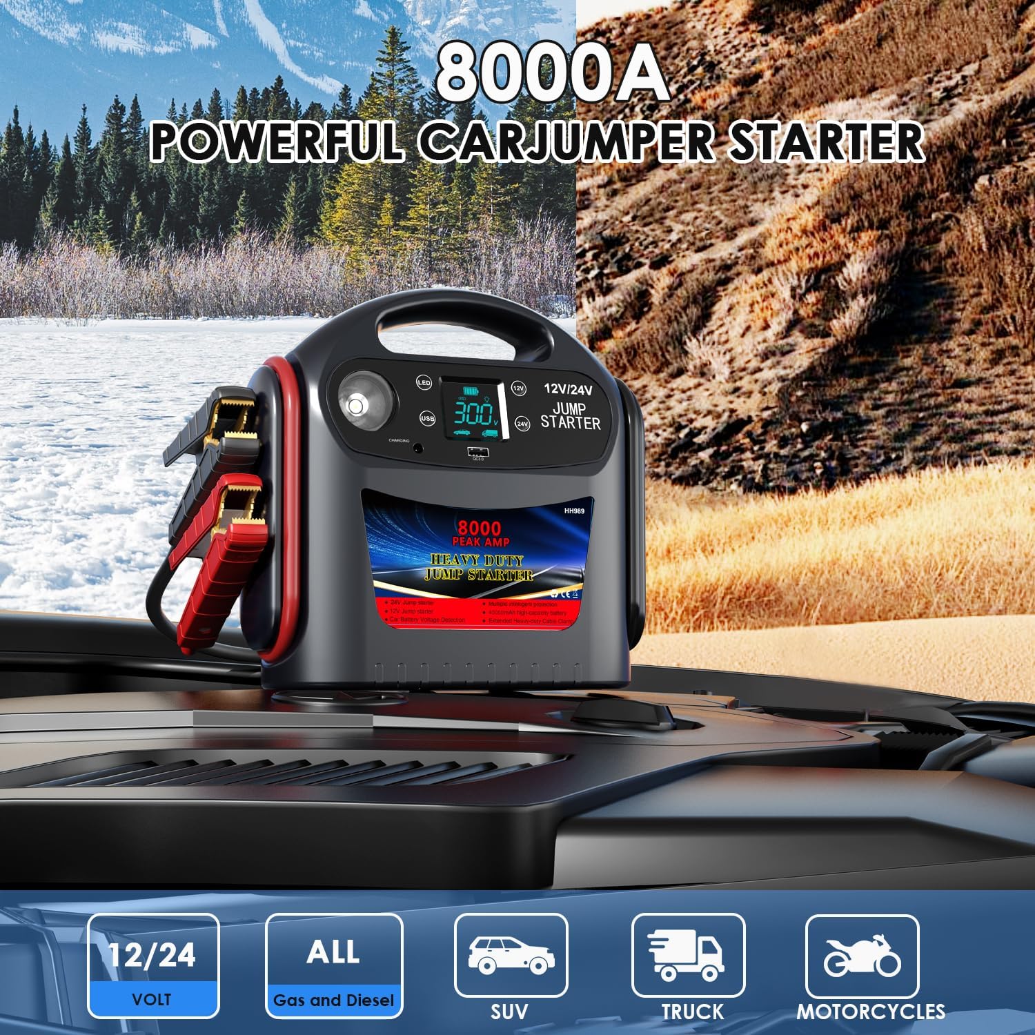 8000A Car Battery Jump Starter for All Gas/Diesel,12V/24V Jump Starter Portable for Commercial Vehicles and Diesel Engines, Heavy Duty Jump Box Power Pack with LED Light