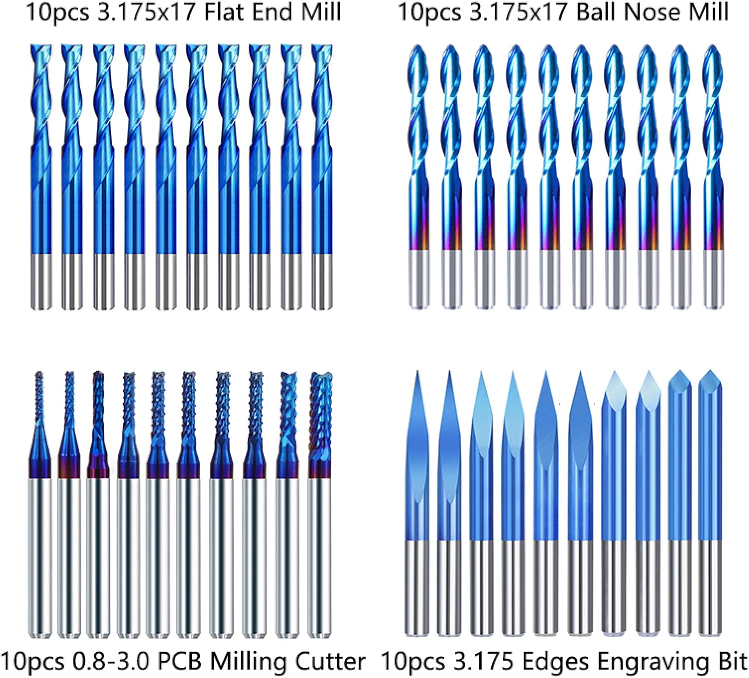 JAINGUエンドミルCNCルータービットボールノーズフラットストレートフルート彫刻ビットブルーコーティングCNCフライス盤,40p