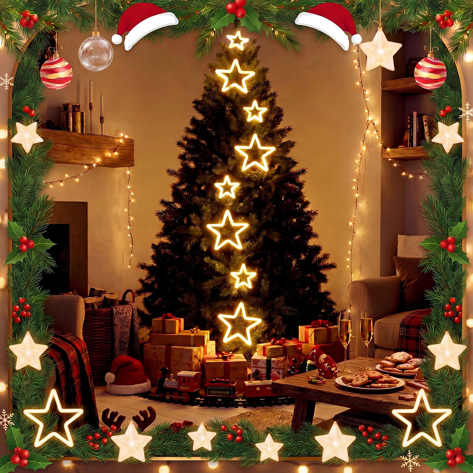 Lewtemi Decorazioni natalizie per finestre a forma di stella, luci al neon per decorazione da parete, luci a stella alimentate tramite USB, luce bianca calda, illuminazione per finestre da appendere