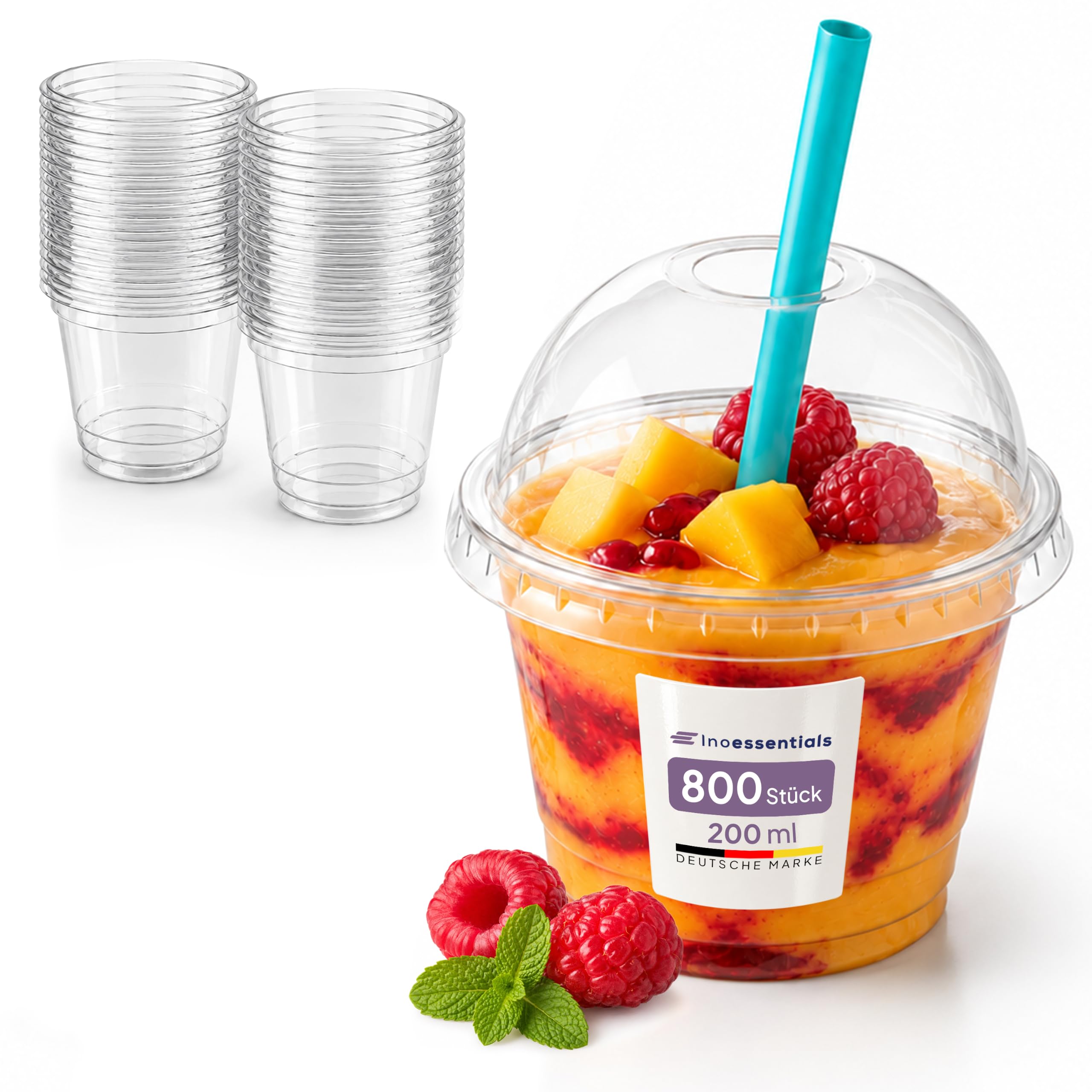 Inoverse Juego de 800 vasos para batidos, 200 ml, con tapa | Taza de postre, taza de café helado, transparente R-PET, apertura para pajita, ensalada de frutas, yogur y eventos