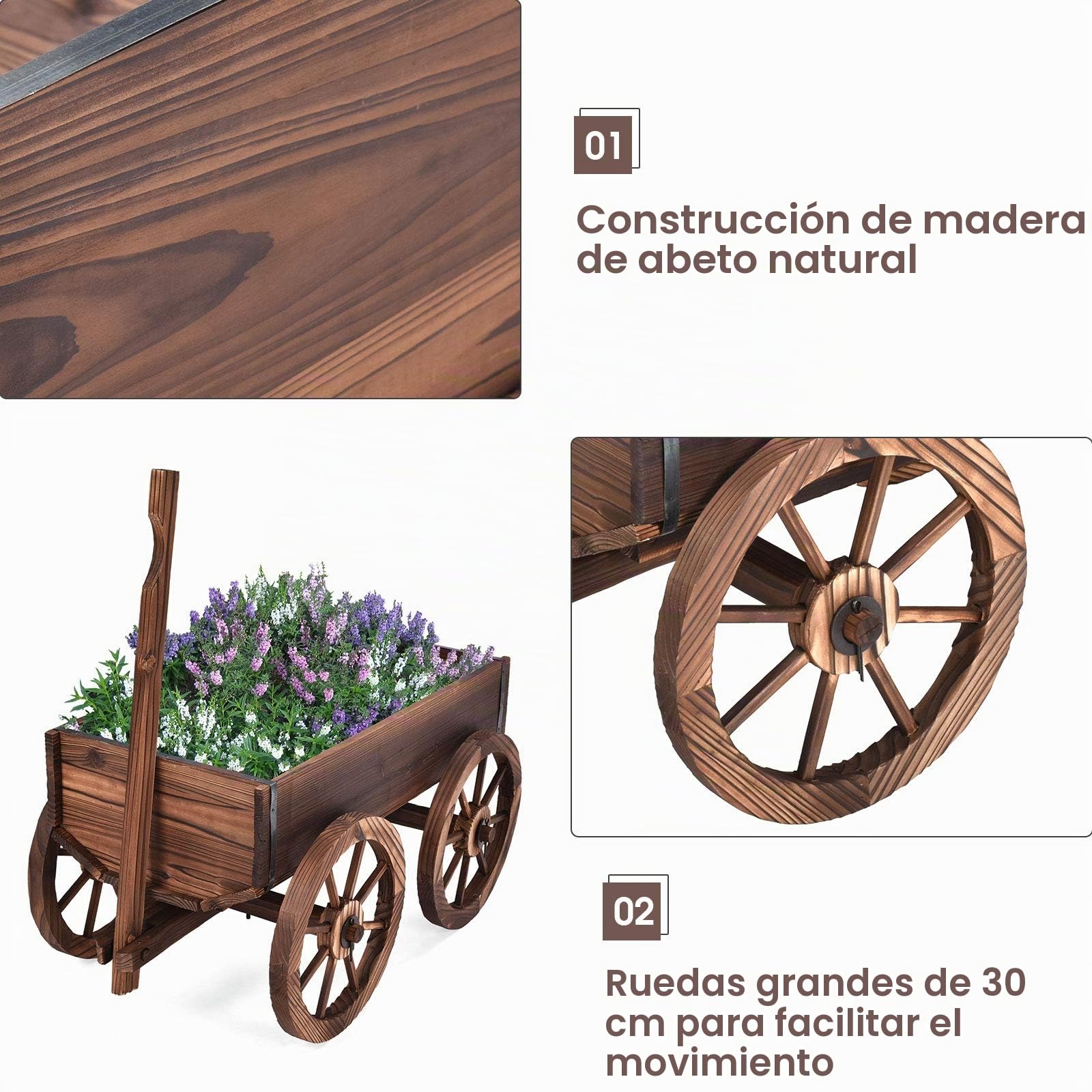 GIANTEX Carro de Jardín de Madera de Abeto con 4 Ruedas Grandes, Mango Largo, Ajustable, Ideal para Jardín Exterior, Marrón