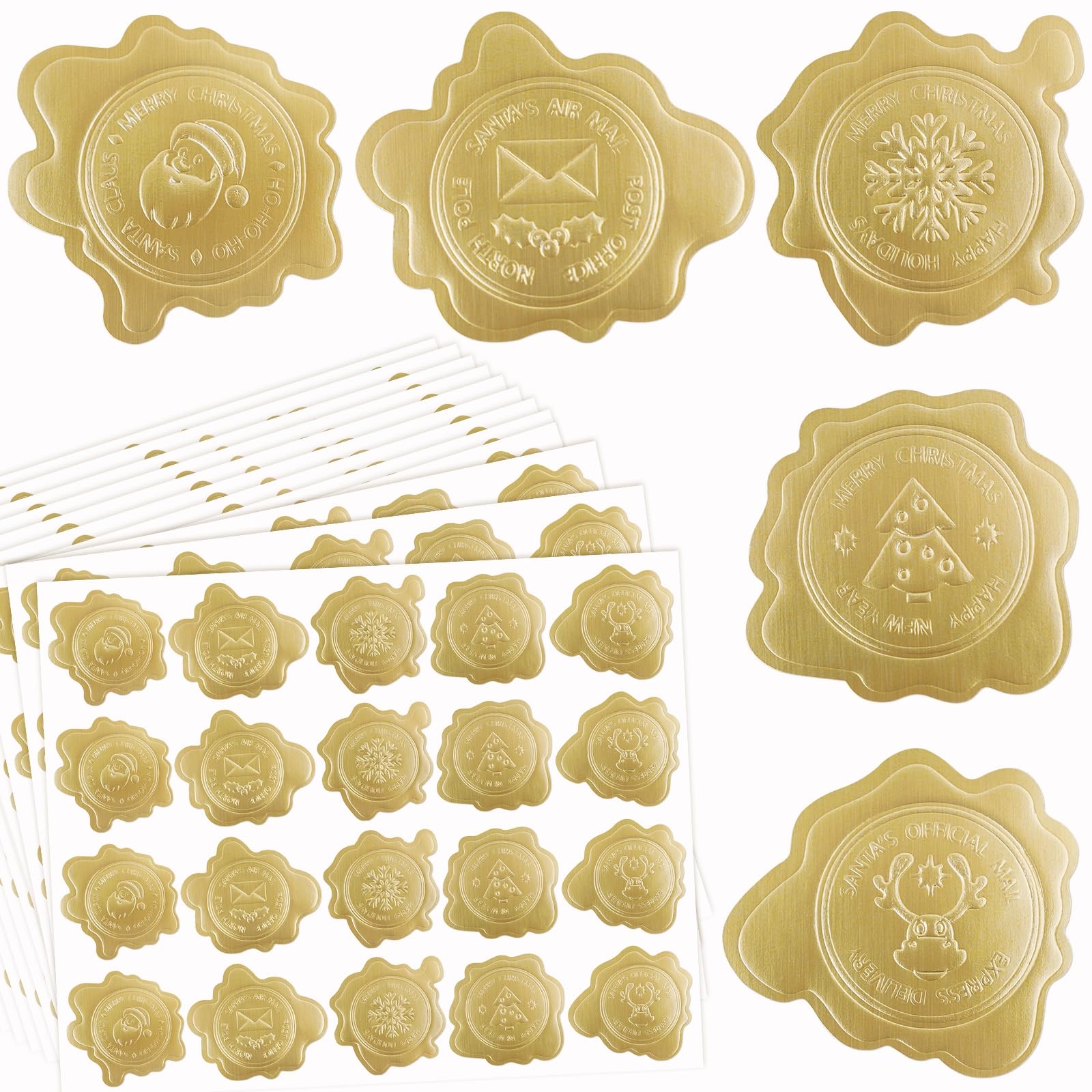 300Pcs Christmas Envelope Seals Stickers Gold Embossed Wax Foil Seal Looking Stickers Self Adhesive Wax Envelope Sticker for Christmas Holiday Wedding Party