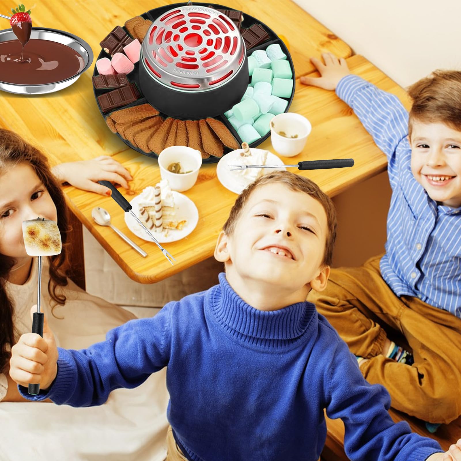 S'Mores - Juego de fondue de chocolate 2 en 1, tostador eléctrico de malvavisco con control de temperatura y 10 accesorios 280 W, modelo de mesa interior S'Mores, kit para fiestas, noches de