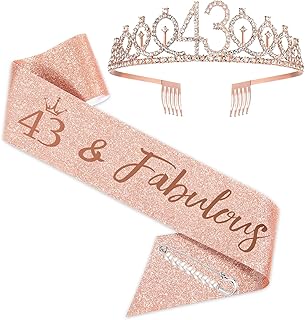 43th Birthday Sash and Tiara for Woman, Rose Gold Birthday Sash Crown 43 & Fabulous Sash and Tiara for Woman, 43th Birthday Gifts for Happy 43th Birthday Party Favor Supplies
