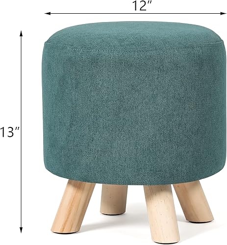 Miniatura 3 de Reposapiés otomano redondo de tela de lino, asiento pequeño con patas de pino para dormitorio, sala de estar (azul) Azul,Redondo, vaca