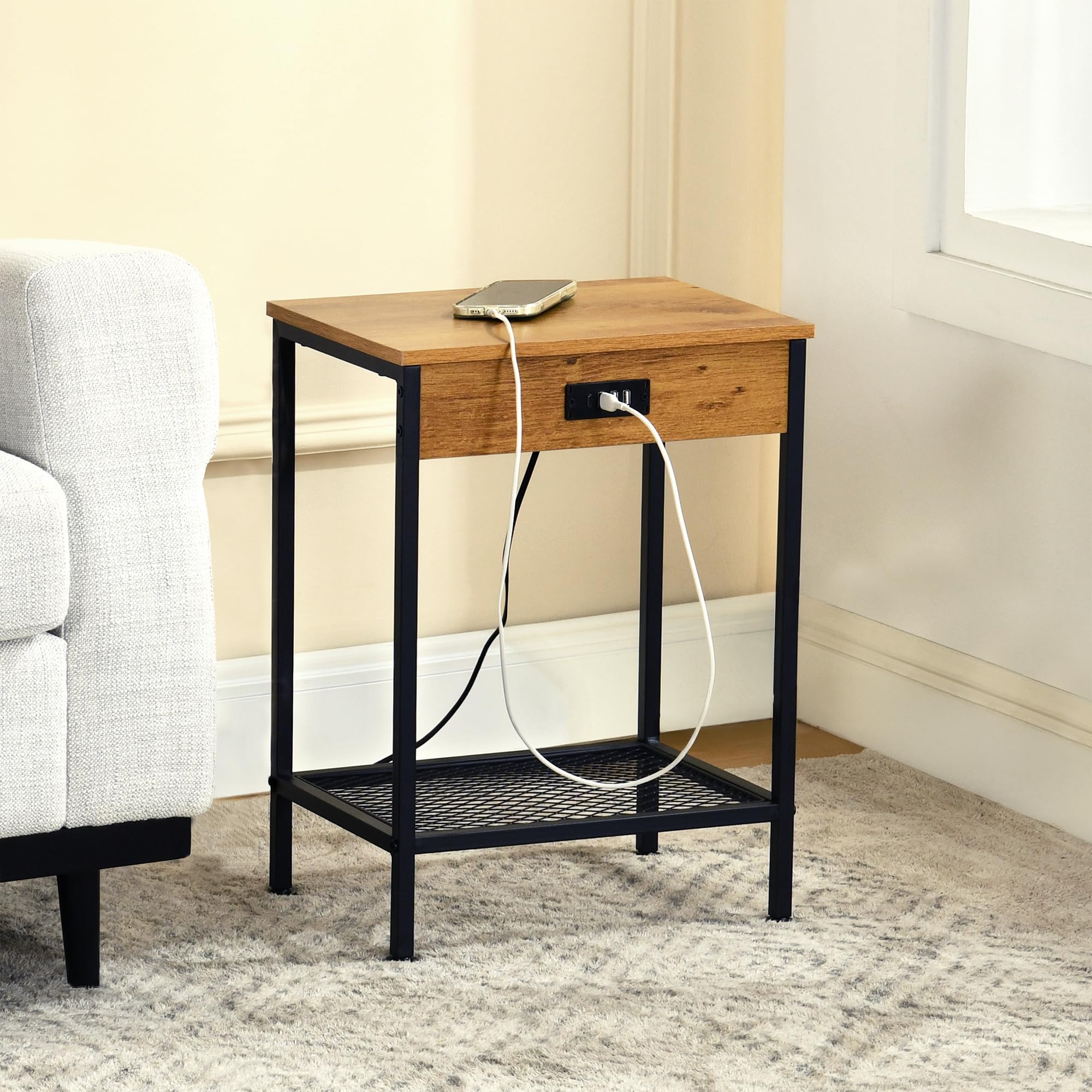 Table d'appoint noire moderne avec station de charge Table de chevet tiroir pour