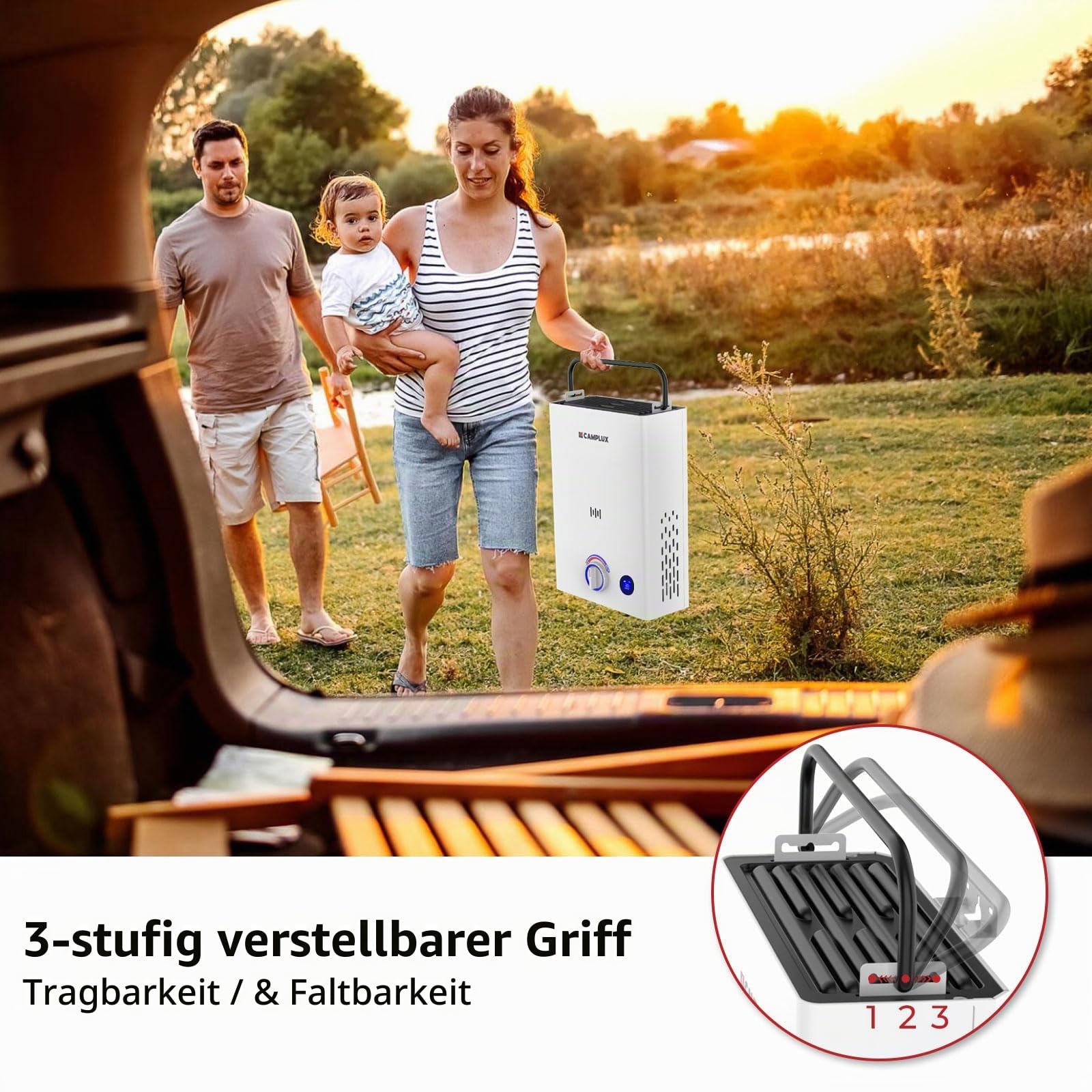 CAMPLUX First Gasdurchlauferhitzer 10 Liter mit 3-stufig Verstellbarem Griff, Butan (28-30 mbar)/ Propan (37 mbar), für Camping/Außendusche, F10