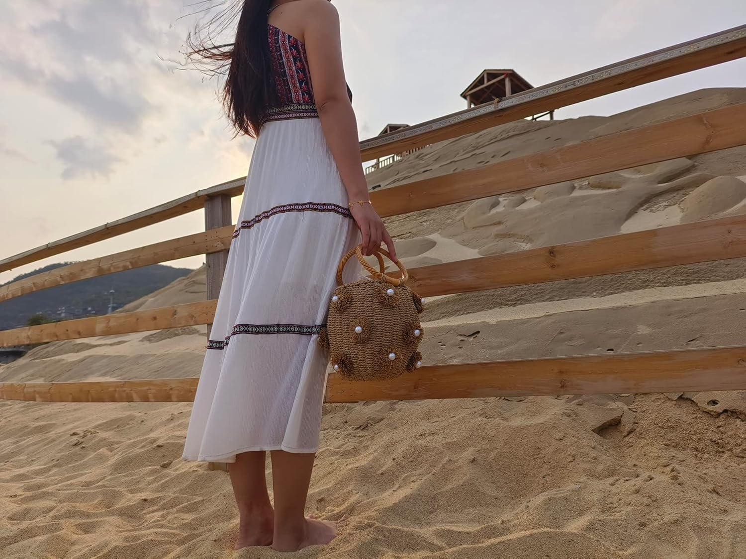 JBRUN Pearl Flower Straw Woven Tote Bag Summer Beach Rattan Handle Bucket Bag Straw Purses and Handbags for Women - Image 2