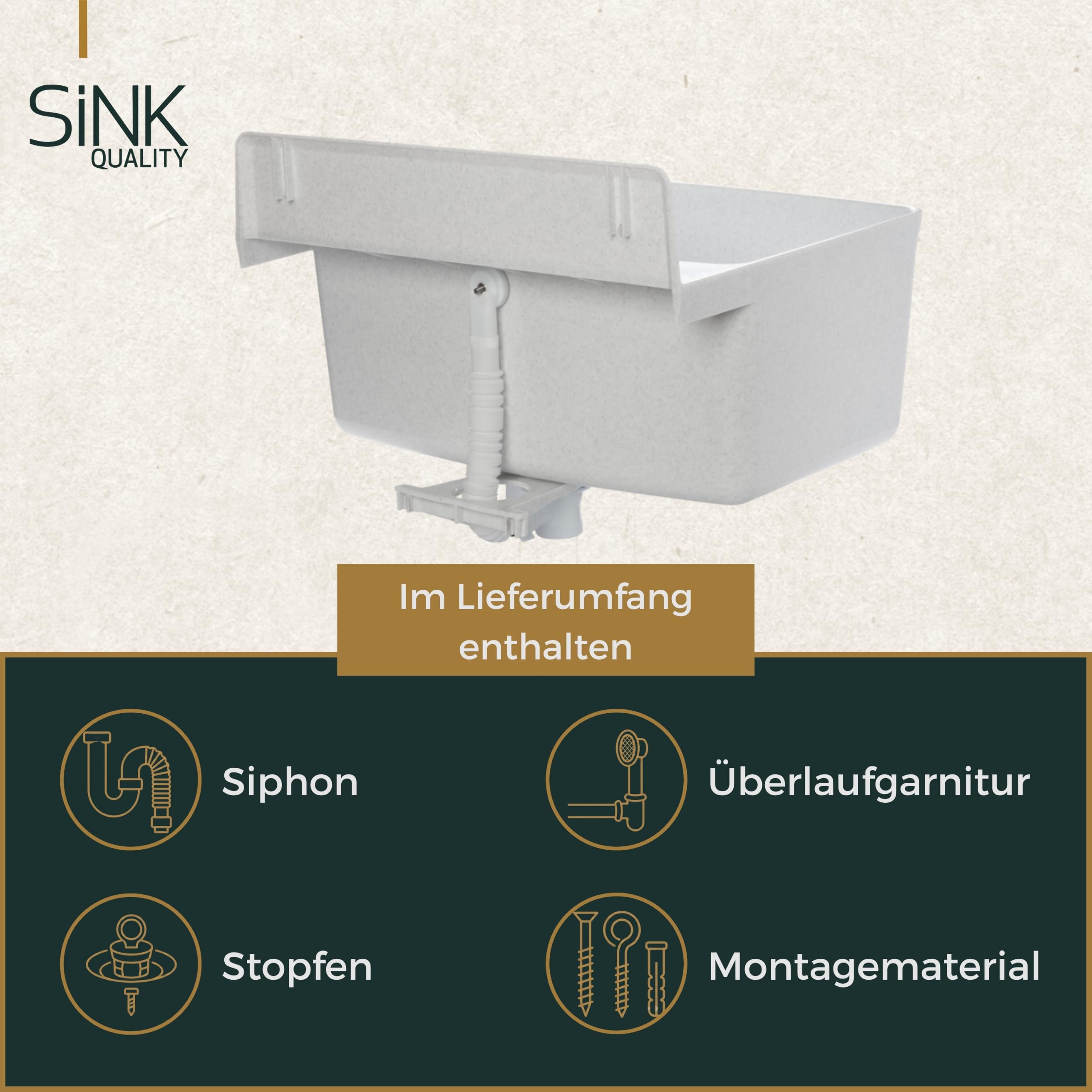SINK Quality - Lavello profondo in plastica con sifone, per cantina, officina, garage, giardino, 55 x 42 x 33 cm, extra profondo, resistente al gelo, troppopieno e set di montaggio