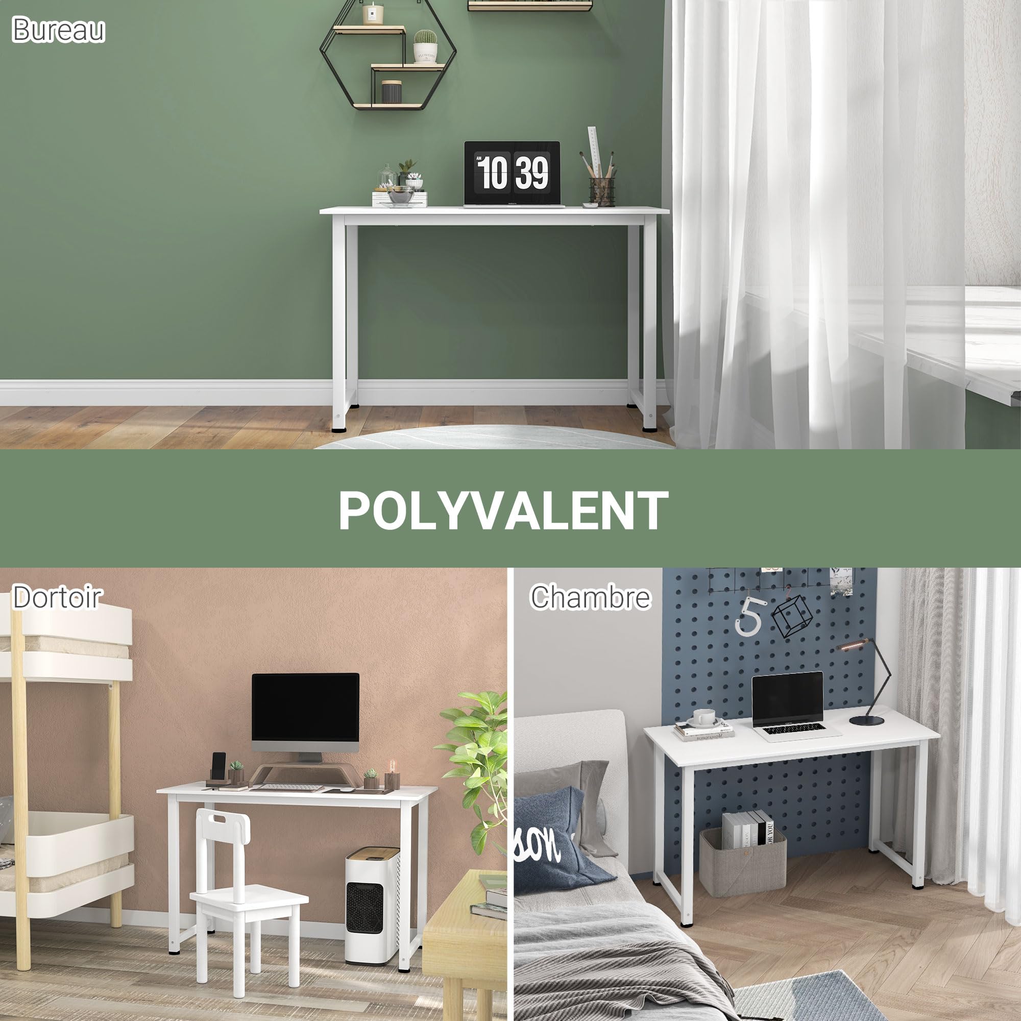 HOMCOM Table d'ordinateur Multifonction 120L x 60l x 76H cm Blanc | Table de Salle à Manger, Grand Plateau, Cadre Robuste en Métal
