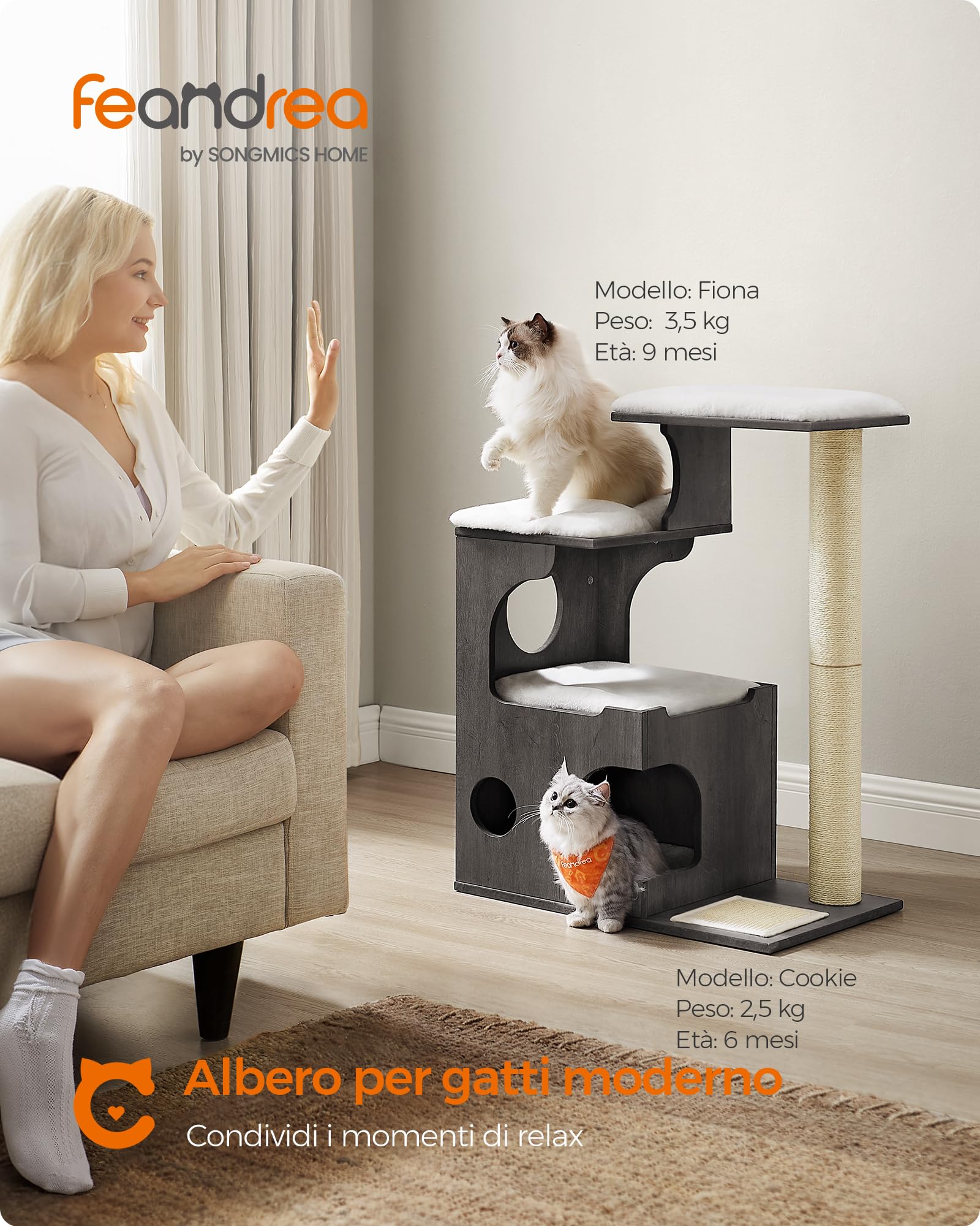 Feandrea Tiragraffi, Albero per Gatti di Truciolato Alto 86 cm, con Grotta, Posatoi, Colonna e Tappeto Graffiatoio in Sisal, Lavabili Tappeti in Pelliccia Sintetica, Grigio Nebbia PCT070G02