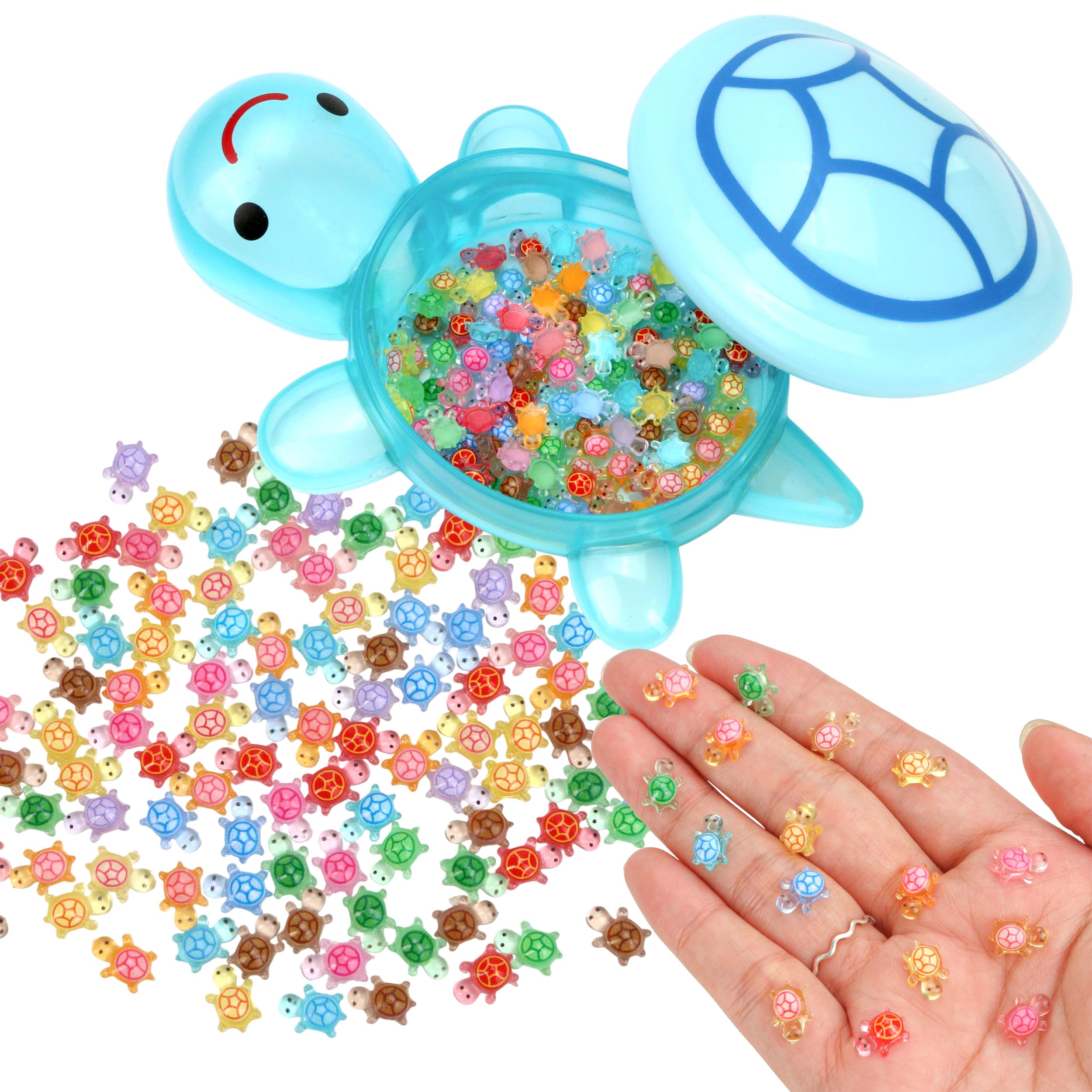 KH866 100pcs Mini Turtles with Large Turtle Storage Box, Small Animals Turtles Night Glow, Luminous Tiny Resin, Multicoloured Decoration Fairy Garden Accessories for DIY