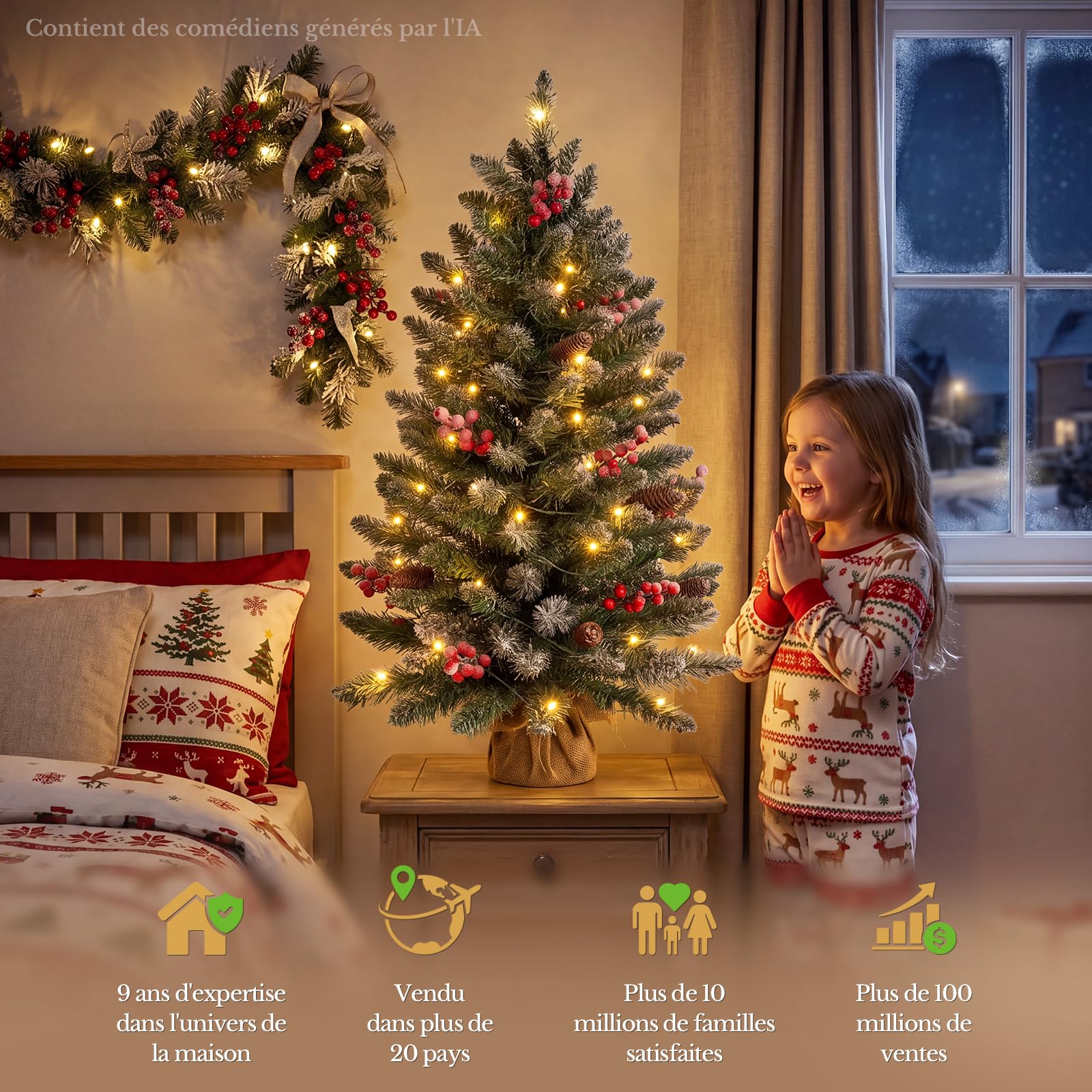 HOKEEPER Sapin de Noël artificiel 90 cm avec LED et baies | Sapin de Noël artificiel avec pommes de pin, montage facile, support stable, festif