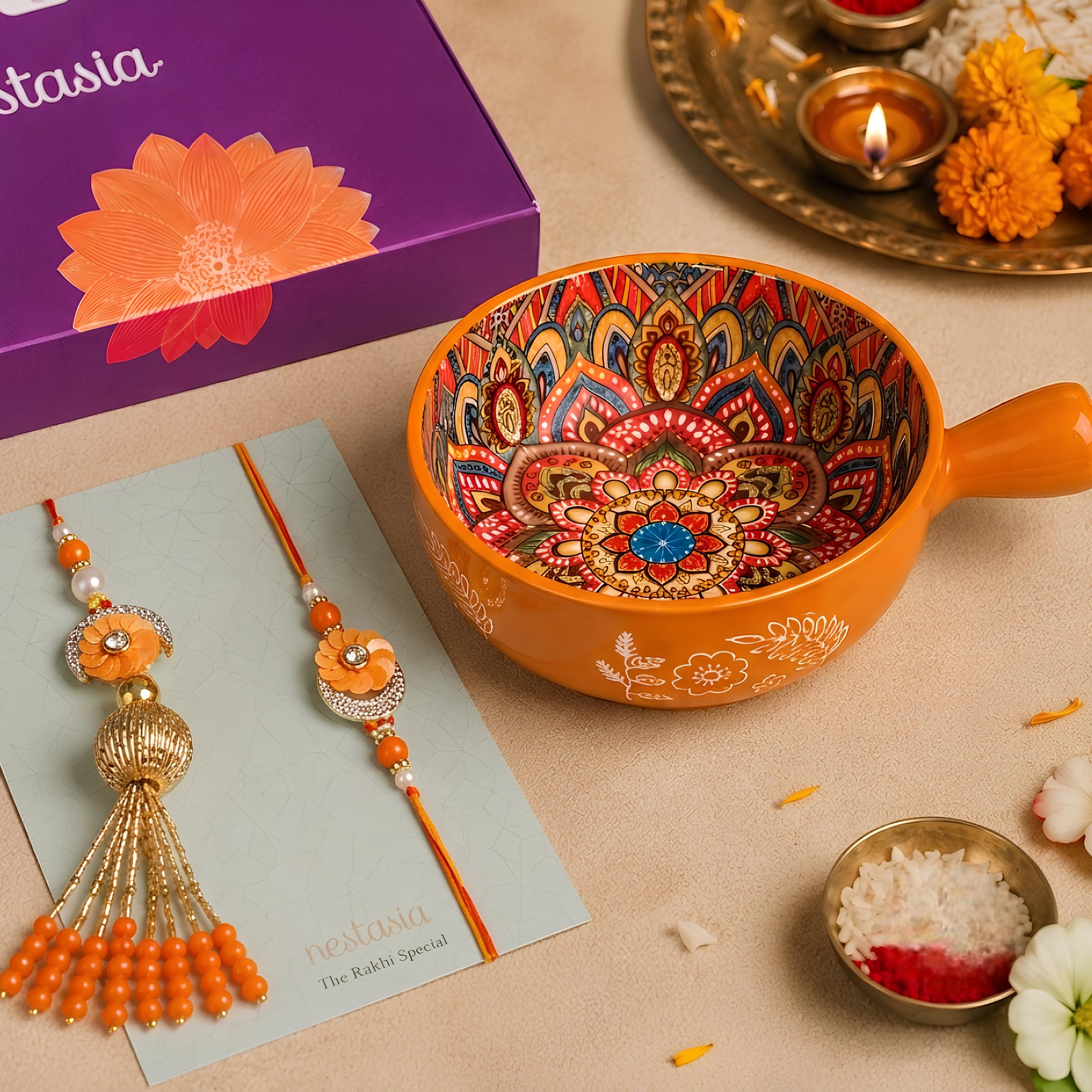 Nestasia Mandala Ceramic Snack Bowl with Handle (600ml) & Rakhi Lumba Set for Brother & Bhabhi | Microwave & Dishwasher Safe Serving Bowl | Rakhi Combo with Roli-Chawal, Greeting Card & Gift Box-image-12